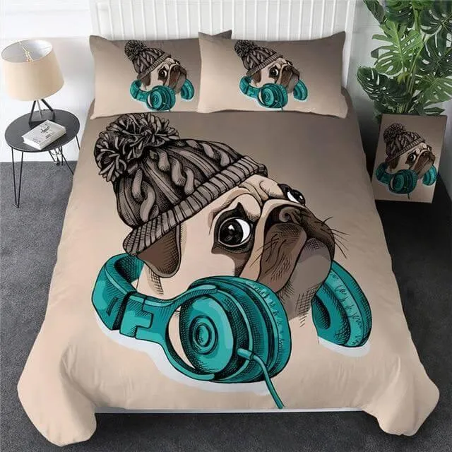 3pcs Hippie Pug Puppy Cartoon Comfortable Duvet Cover Bedding Set