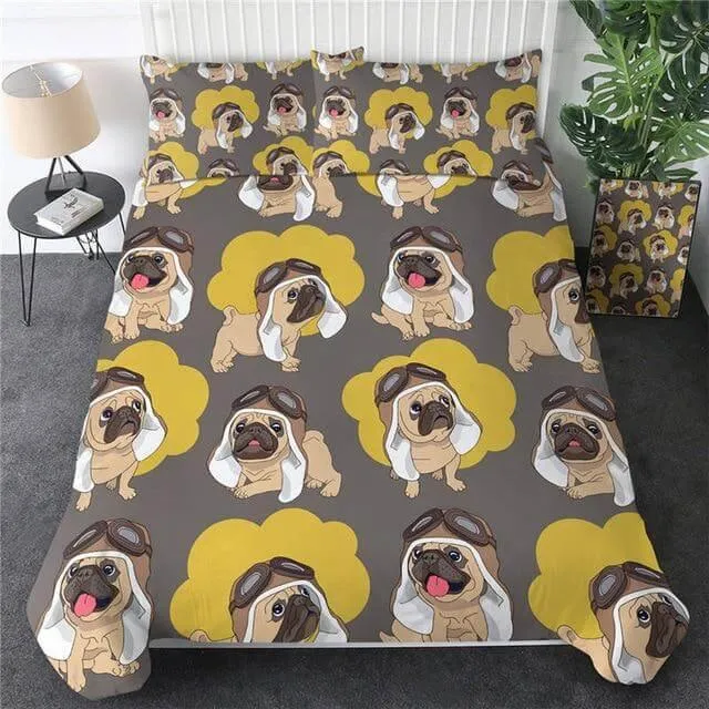 3pcs Hippie Pug Puppy Cartoon Comfortable Duvet Cover Bedding Set