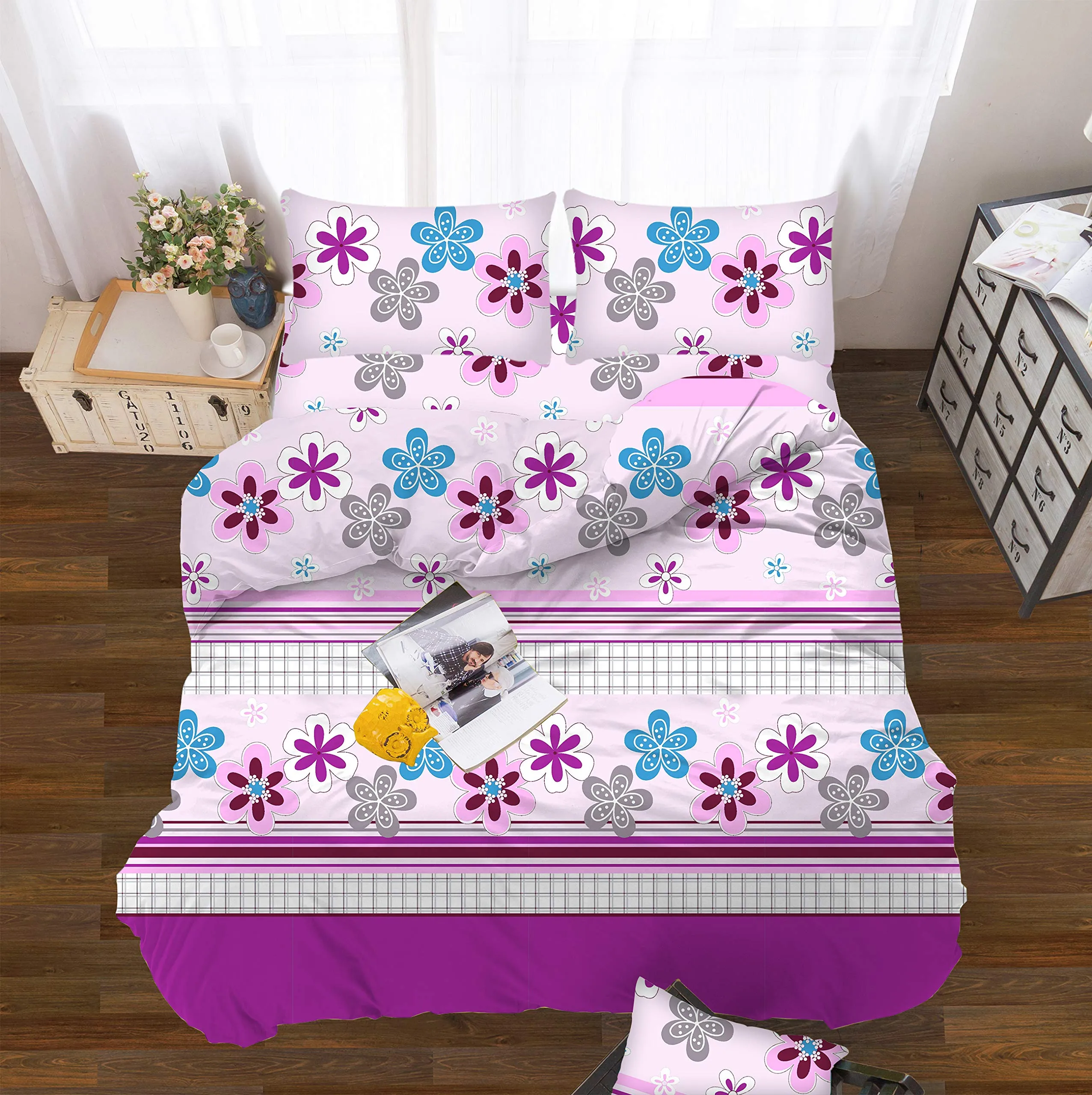 All American Collection Purple-Pink Flowers Printed Bedding Sets