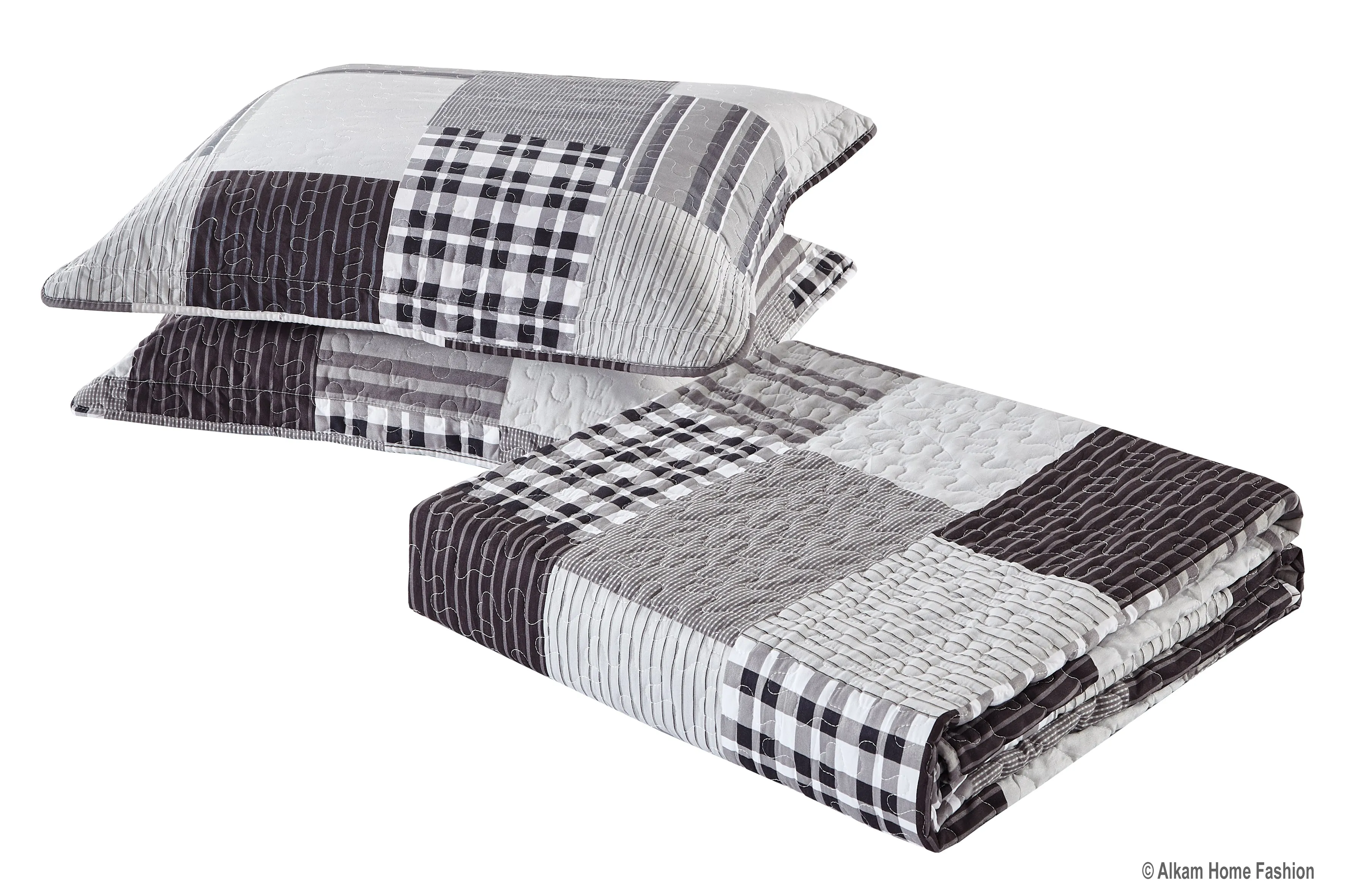 Black and Grey Modern Plaid Bedspread and Pillow Sham Set