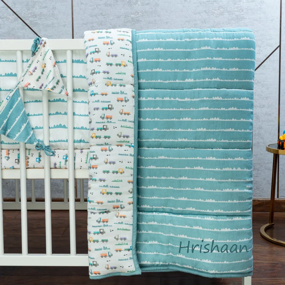 Blue Traffic Jam Organic Cot Bedding Set