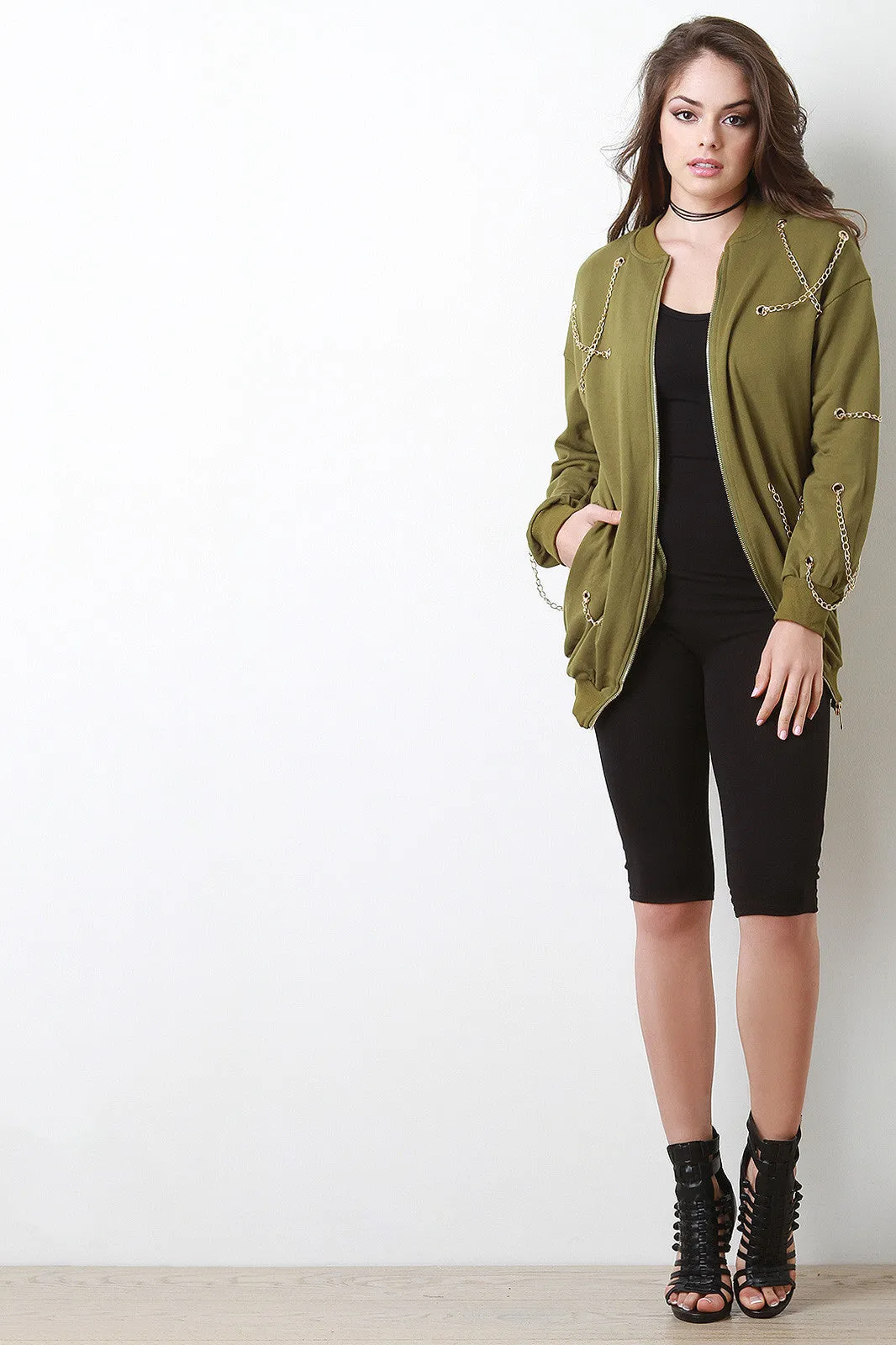 Chain Accent Zip Up Longline Jacket