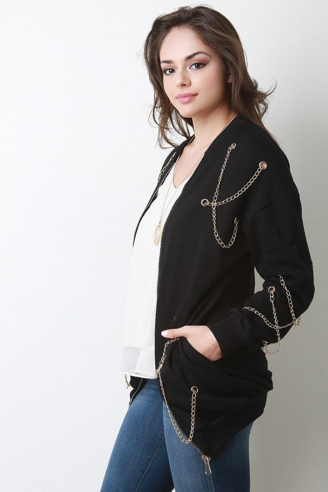 Chain Accent Zip Up Longline Jacket