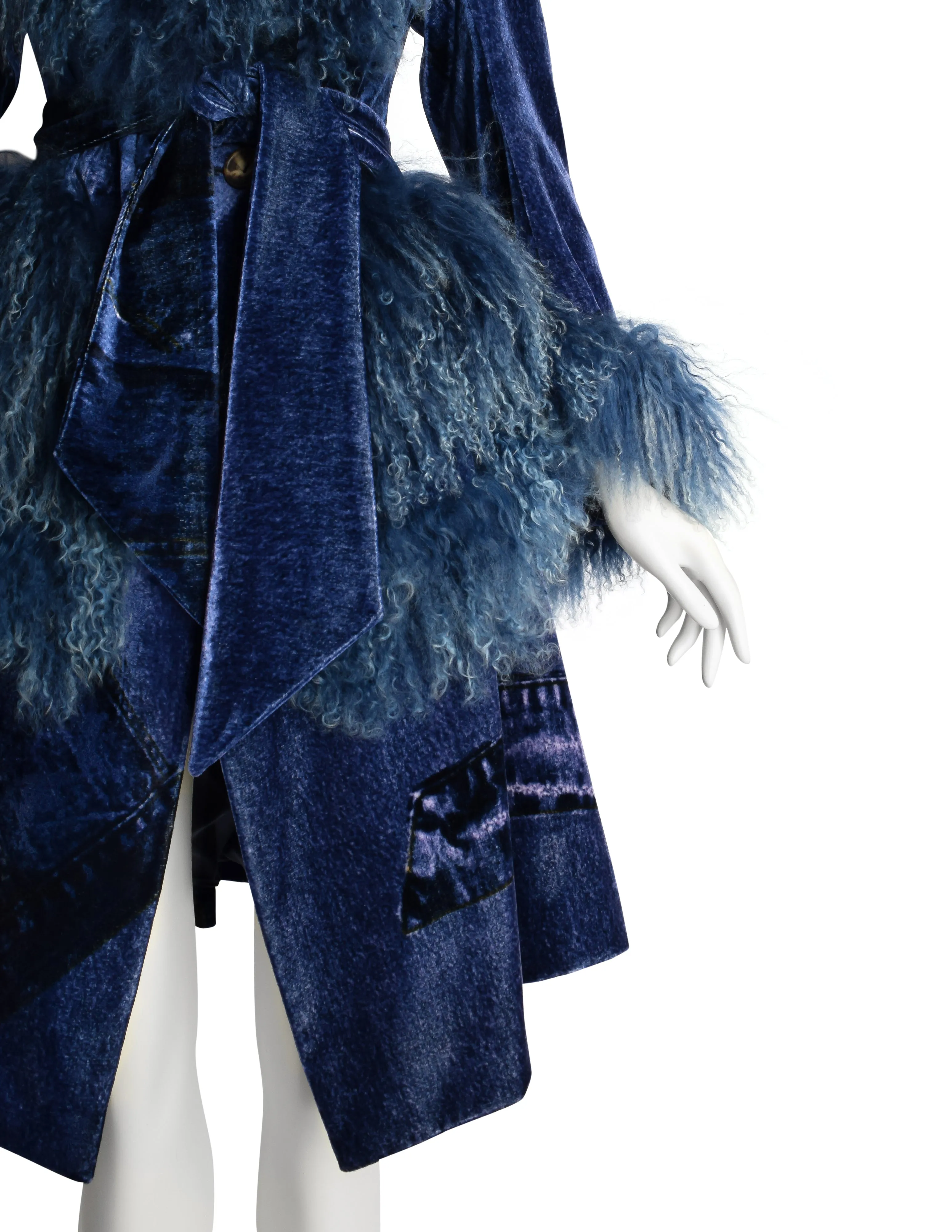 Christian Dior by John Galliano AW 2000 Phenomenal Blue Trompe L'oeil Denim Print Velvet Mongolian Lamb Coat