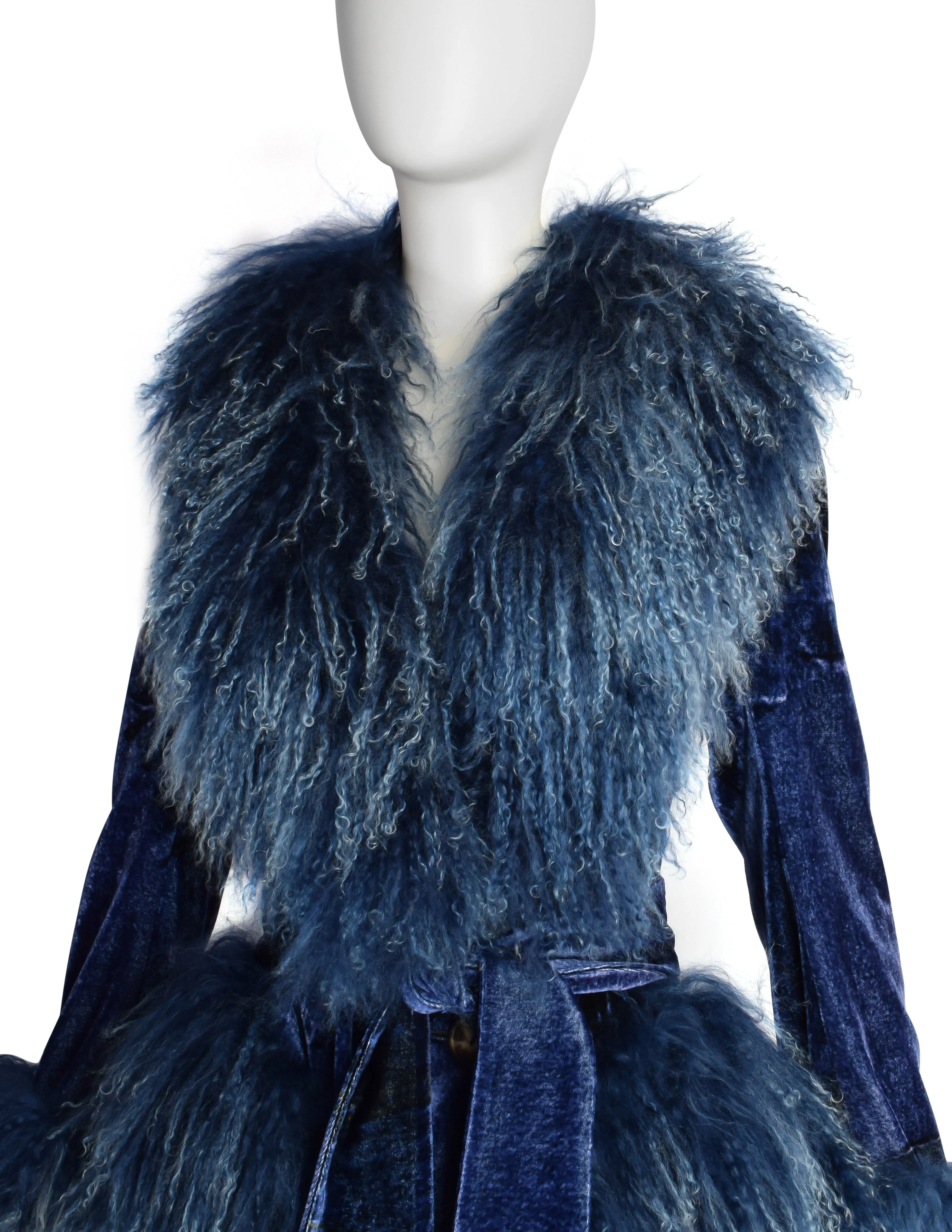 Christian Dior by John Galliano AW 2000 Phenomenal Blue Trompe L'oeil Denim Print Velvet Mongolian Lamb Coat