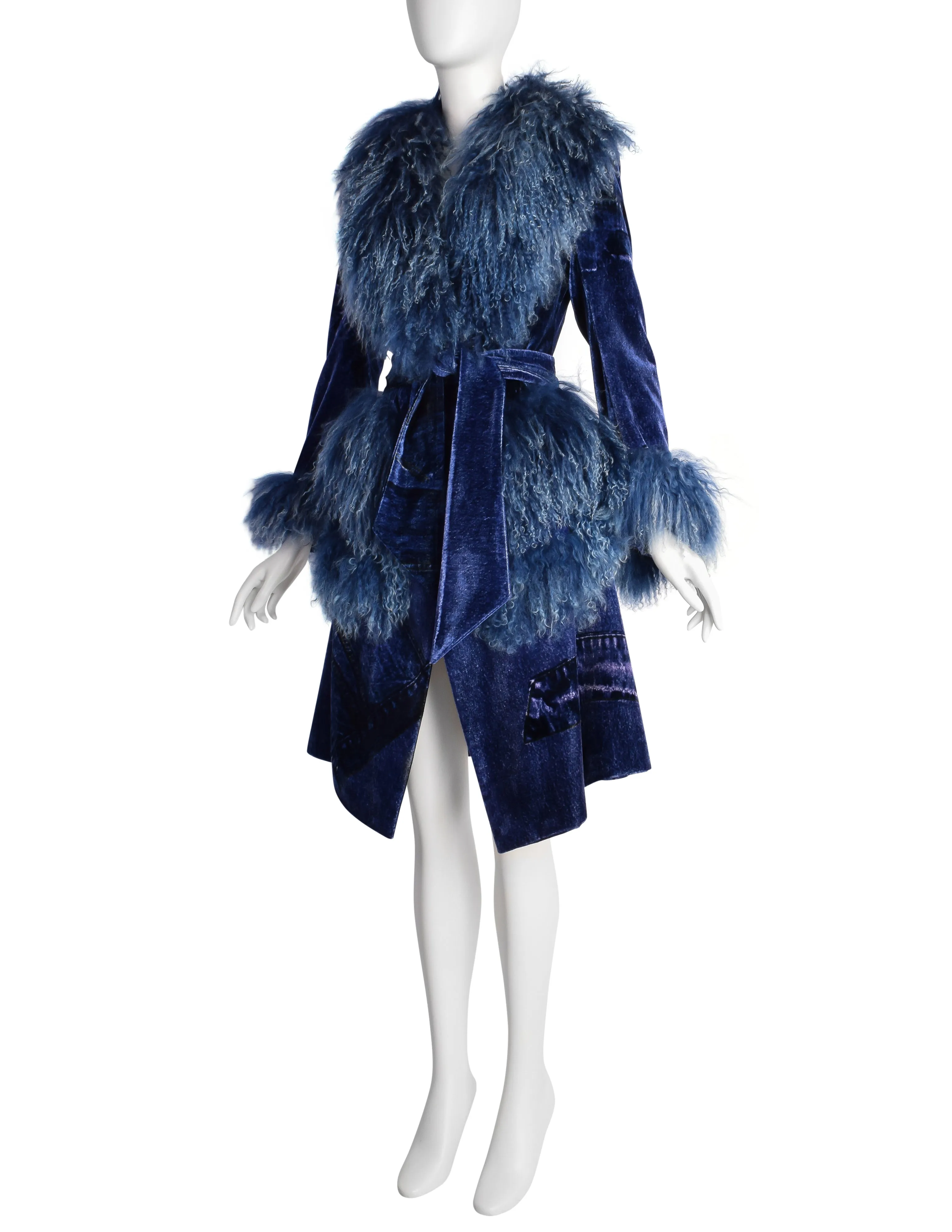 Christian Dior by John Galliano AW 2000 Phenomenal Blue Trompe L'oeil Denim Print Velvet Mongolian Lamb Coat