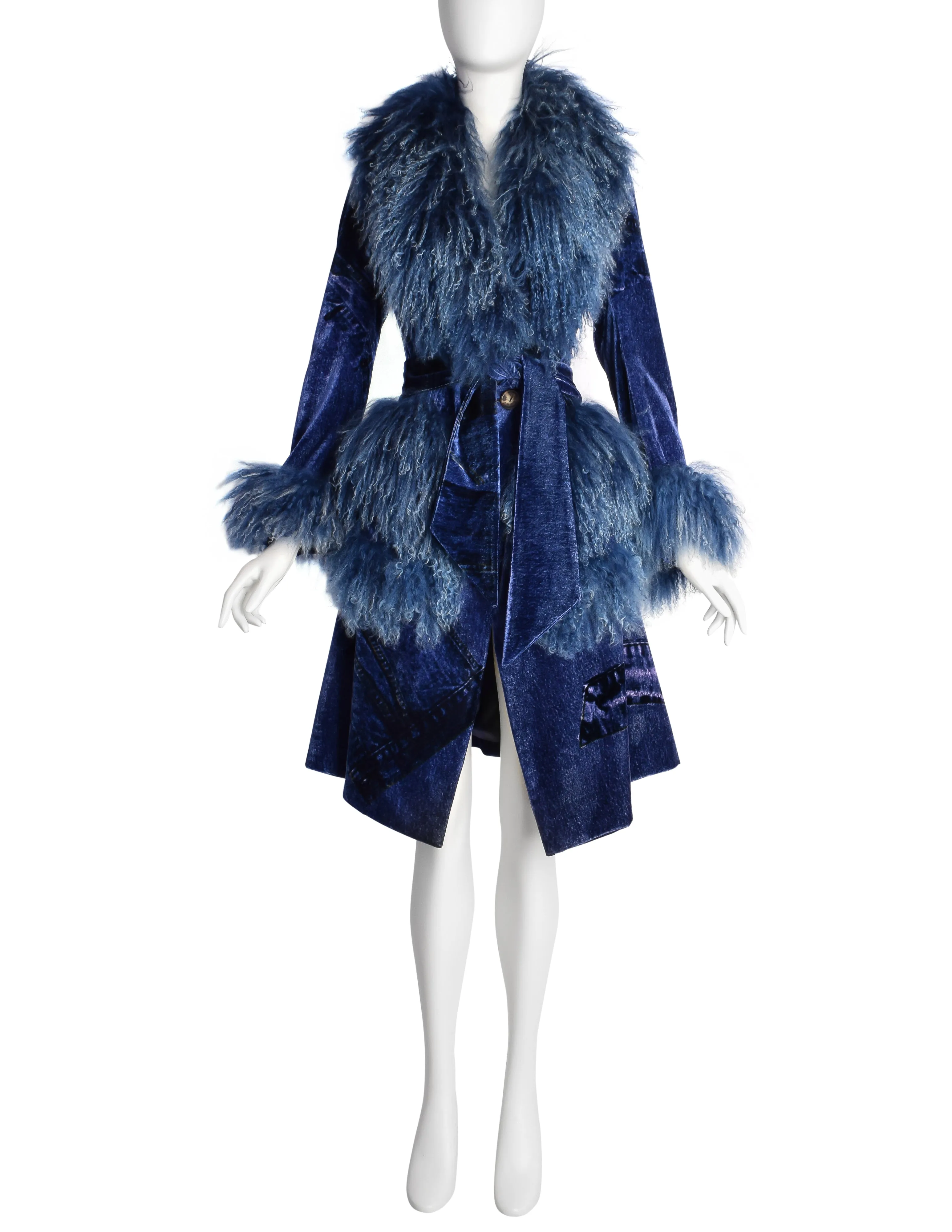 Christian Dior by John Galliano AW 2000 Phenomenal Blue Trompe L'oeil Denim Print Velvet Mongolian Lamb Coat