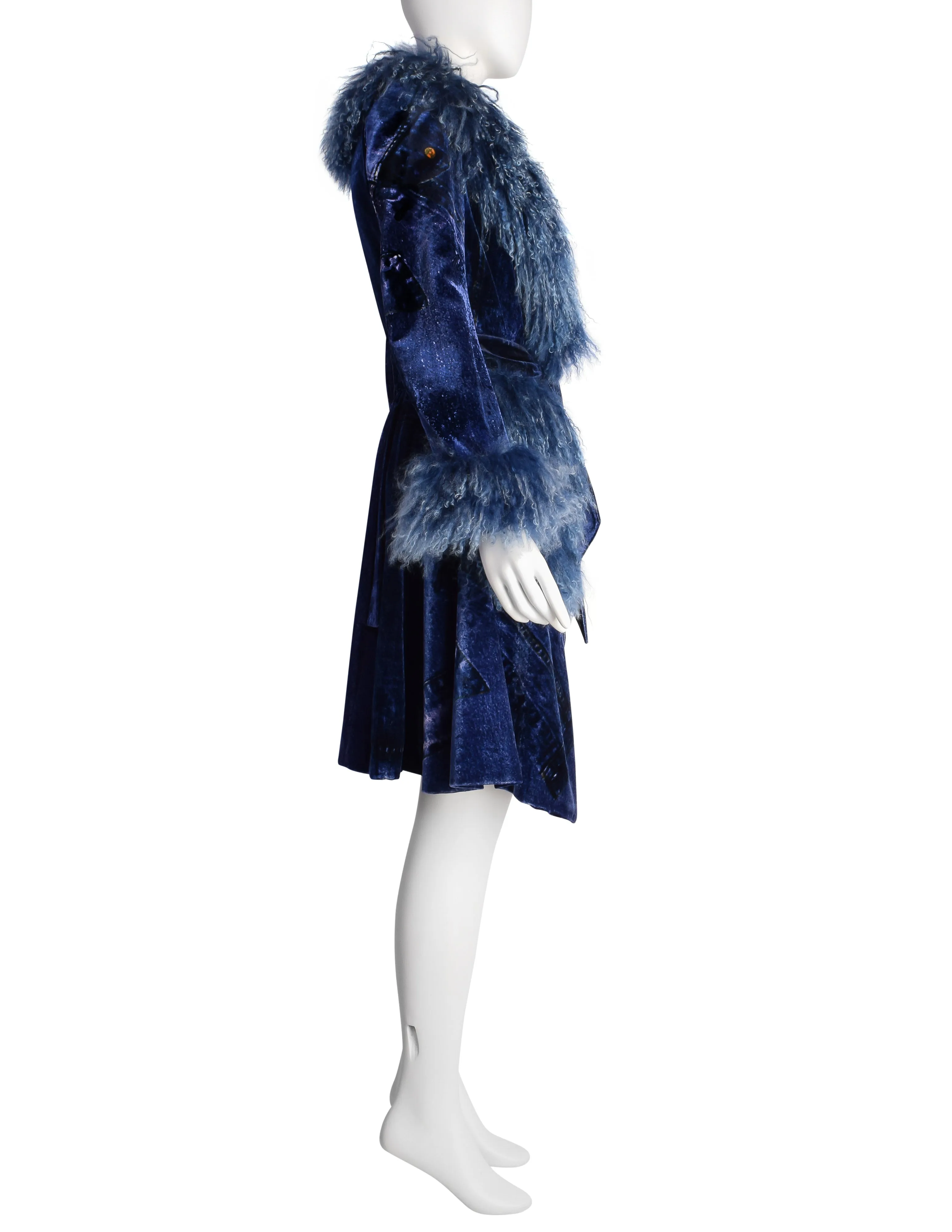 Christian Dior by John Galliano AW 2000 Phenomenal Blue Trompe L'oeil Denim Print Velvet Mongolian Lamb Coat