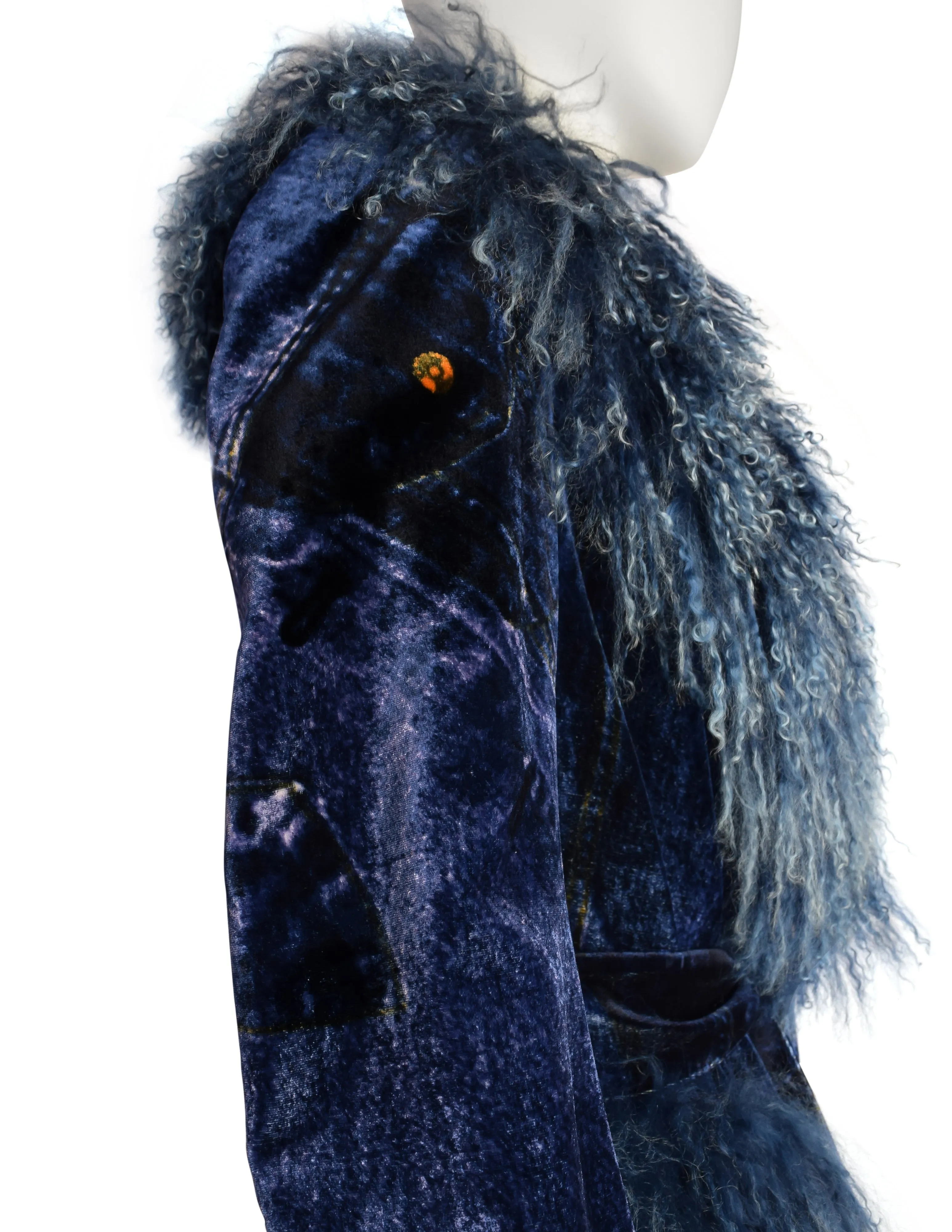 Christian Dior by John Galliano AW 2000 Phenomenal Blue Trompe L'oeil Denim Print Velvet Mongolian Lamb Coat