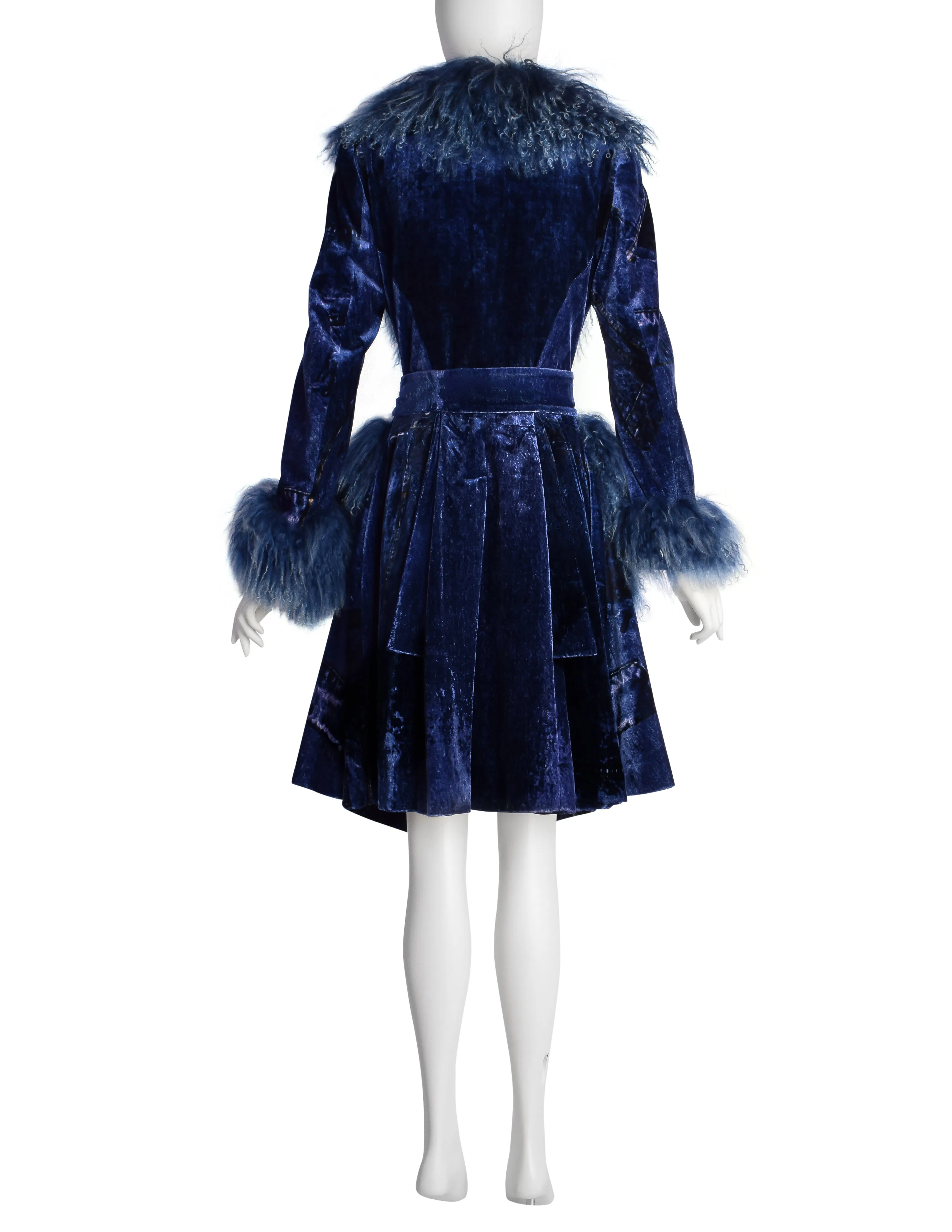 Christian Dior by John Galliano AW 2000 Phenomenal Blue Trompe L'oeil Denim Print Velvet Mongolian Lamb Coat