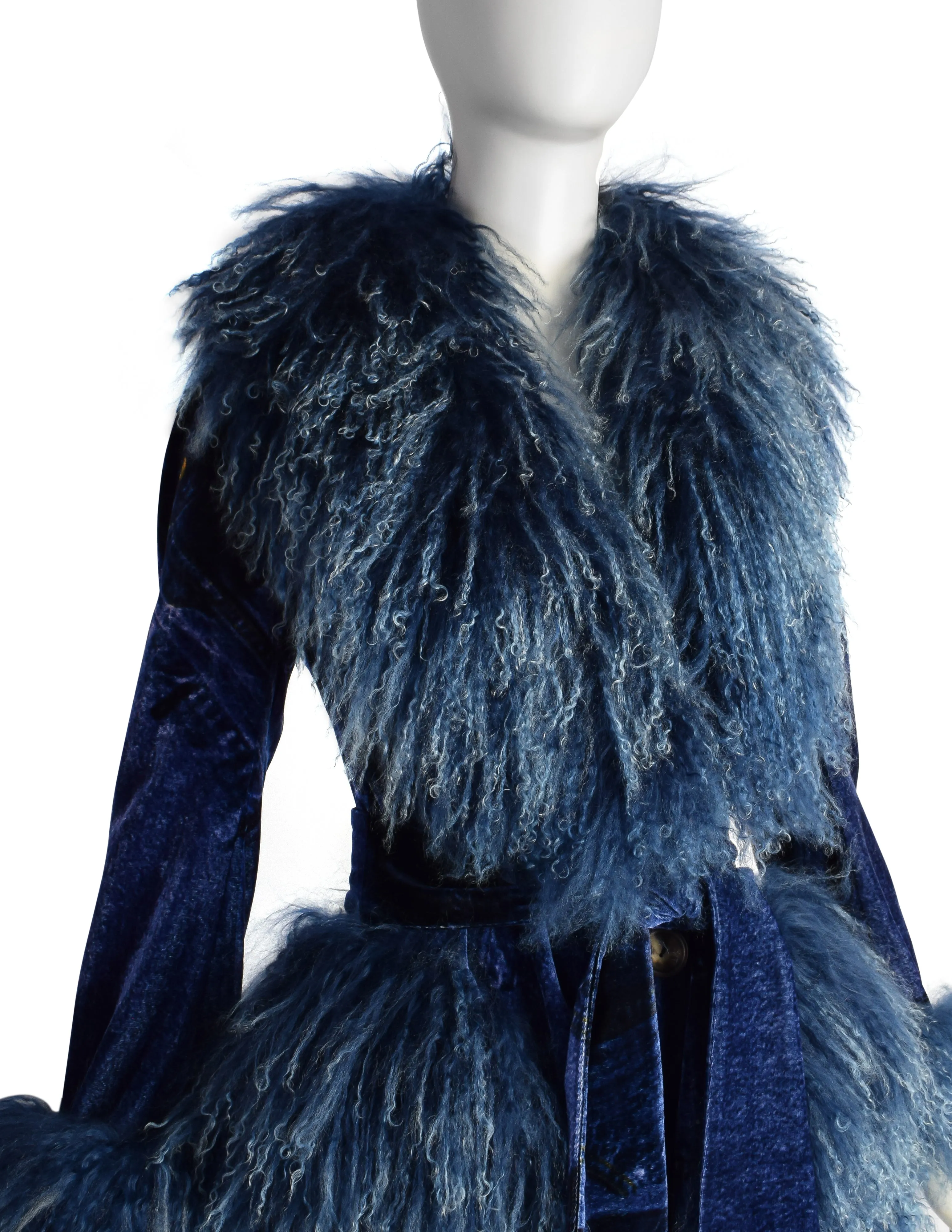 Christian Dior by John Galliano AW 2000 Phenomenal Blue Trompe L'oeil Denim Print Velvet Mongolian Lamb Coat