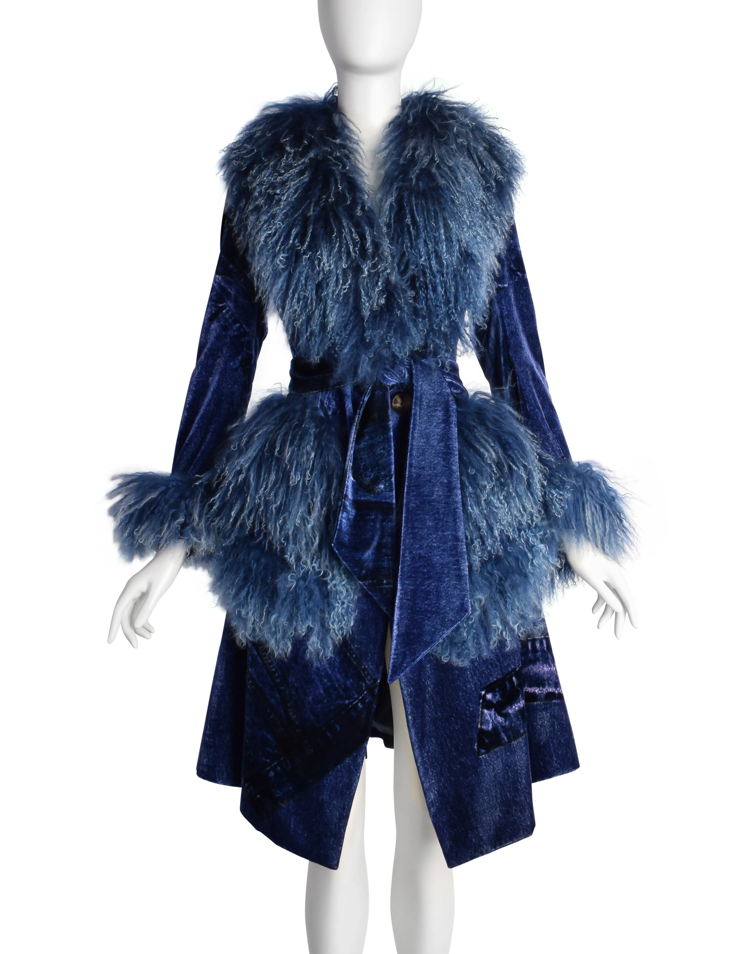 Christian Dior by John Galliano AW 2000 Phenomenal Blue Trompe L'oeil Denim Print Velvet Mongolian Lamb Coat