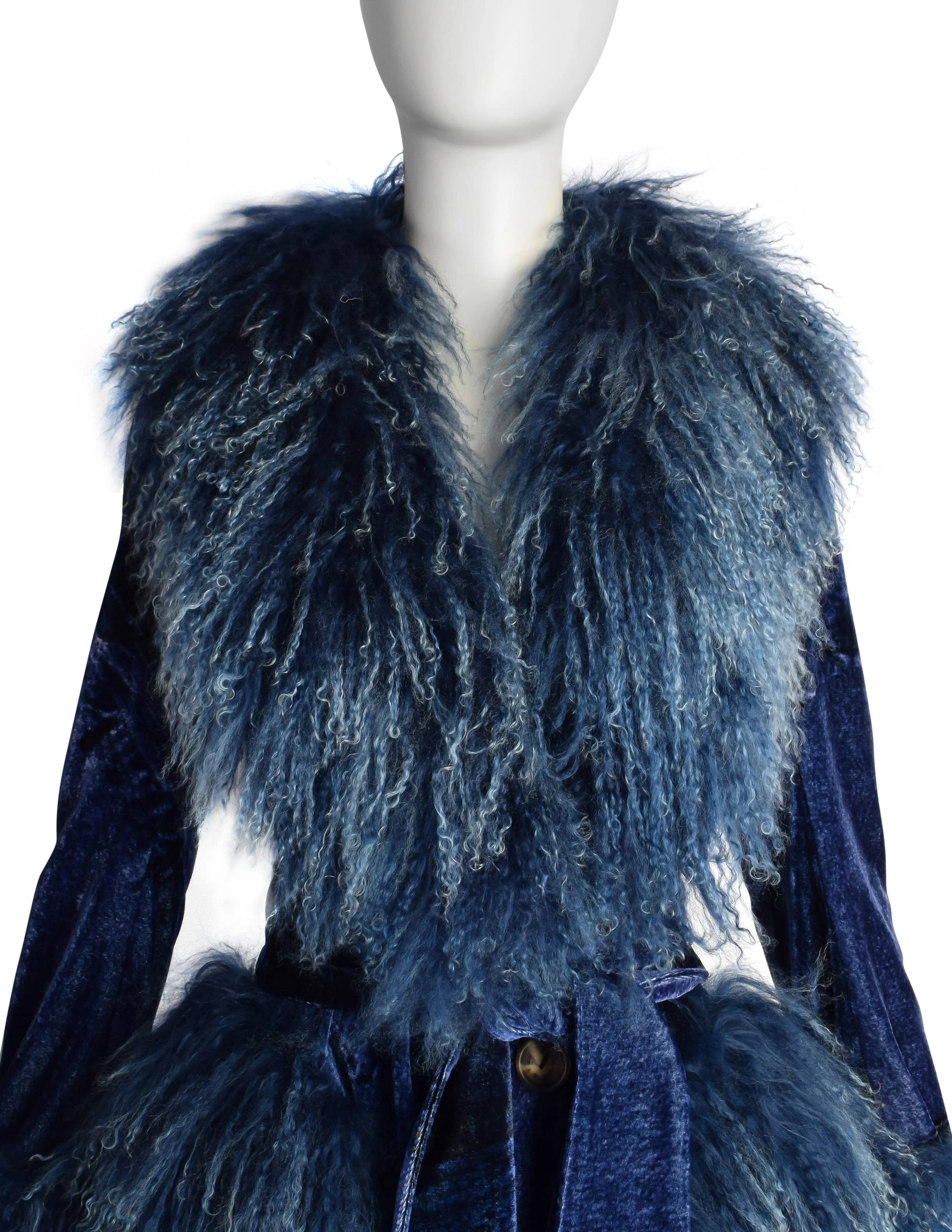 Christian Dior by John Galliano AW 2000 Phenomenal Blue Trompe L'oeil Denim Print Velvet Mongolian Lamb Coat