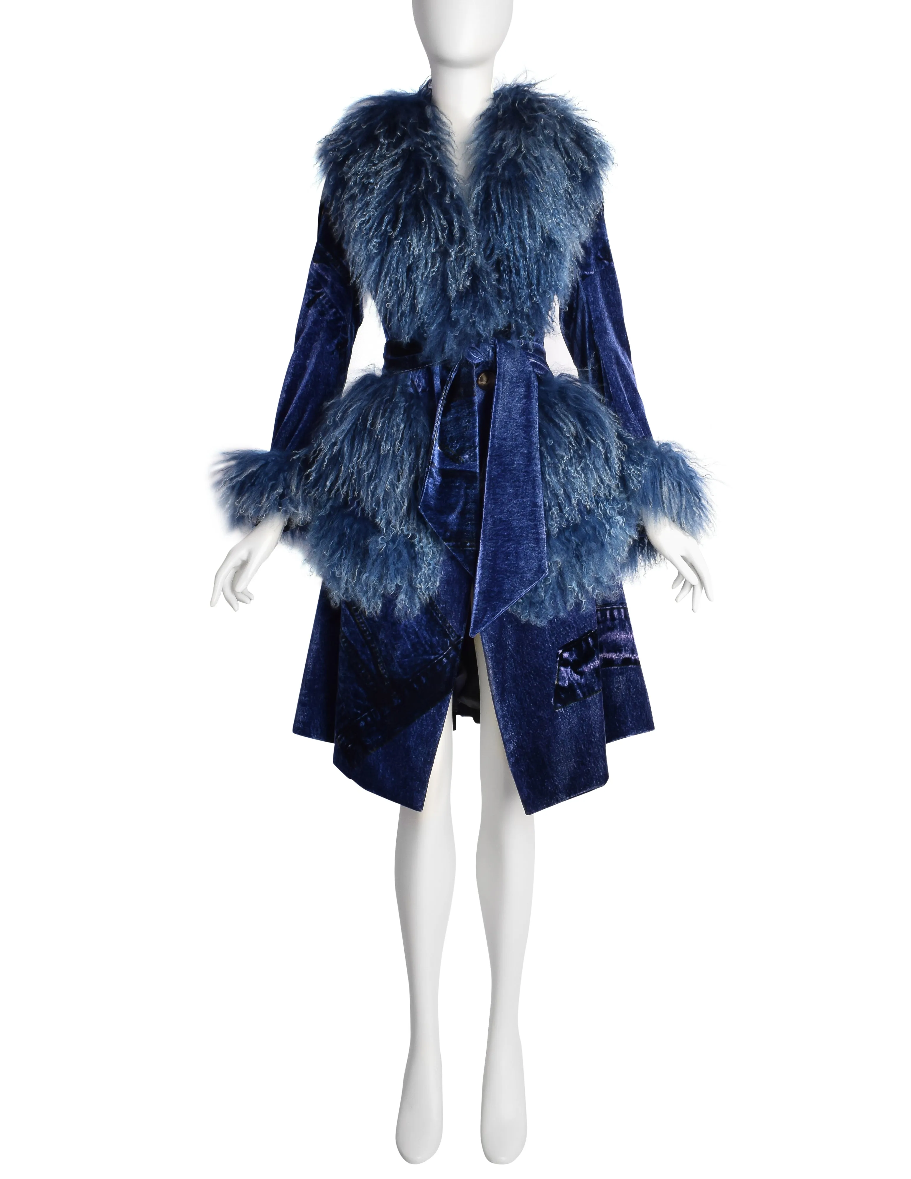 Christian Dior by John Galliano AW 2000 Phenomenal Blue Trompe L'oeil Denim Print Velvet Mongolian Lamb Coat