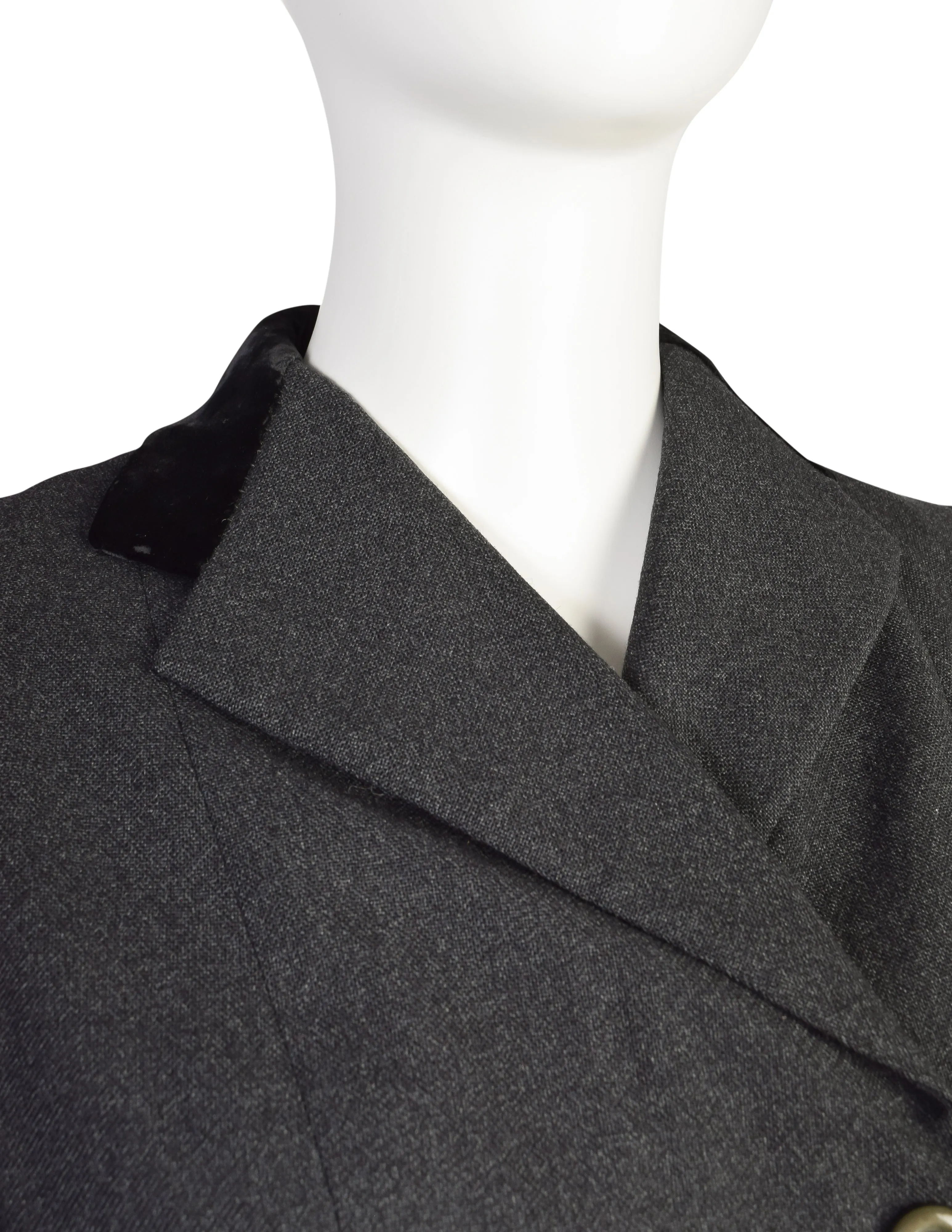 Christian Dior Vintage Early 1950s Tailored Grey Wool Black Velvet Double Breasted Hourglass Bar Jacket