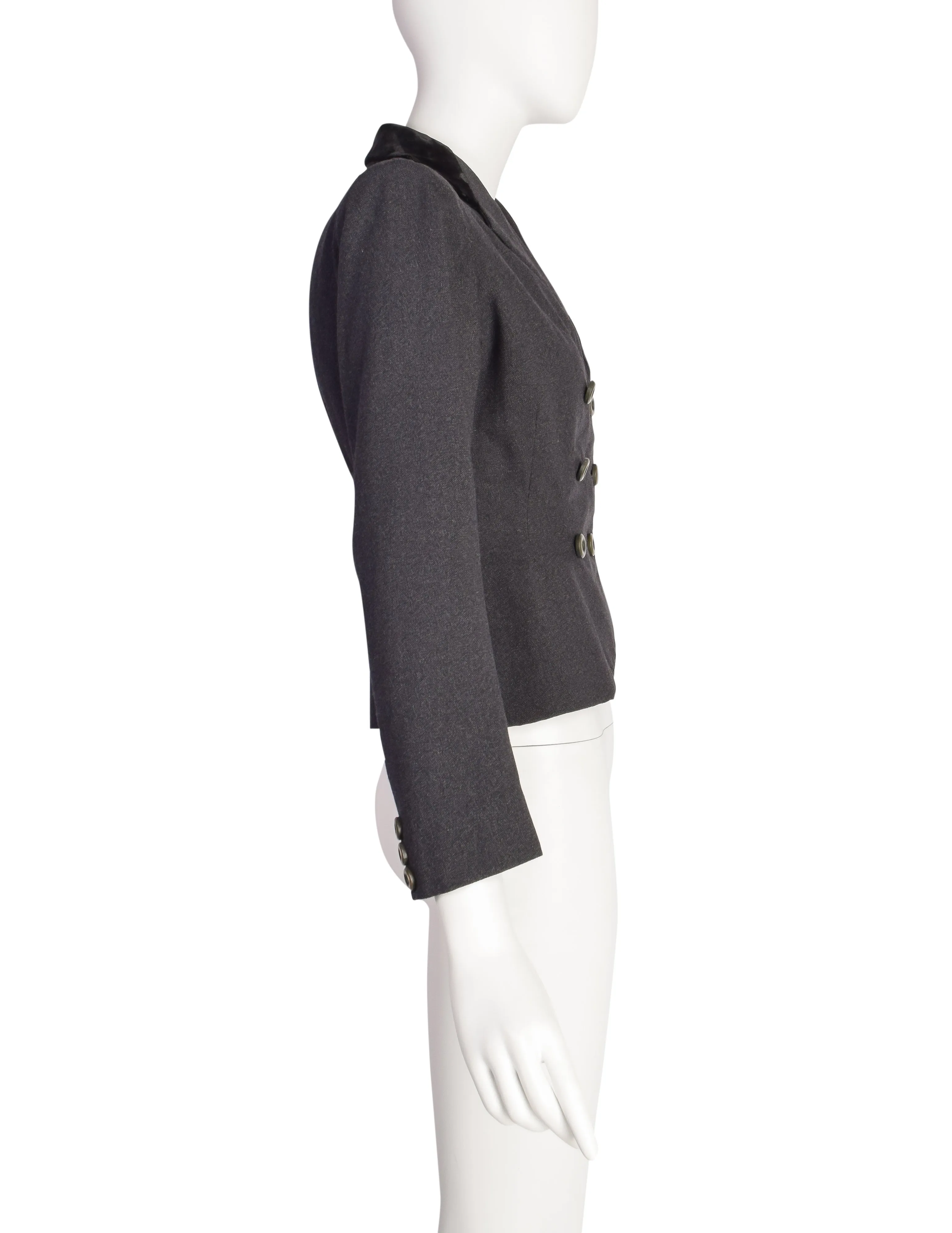 Christian Dior Vintage Early 1950s Tailored Grey Wool Black Velvet Double Breasted Hourglass Bar Jacket