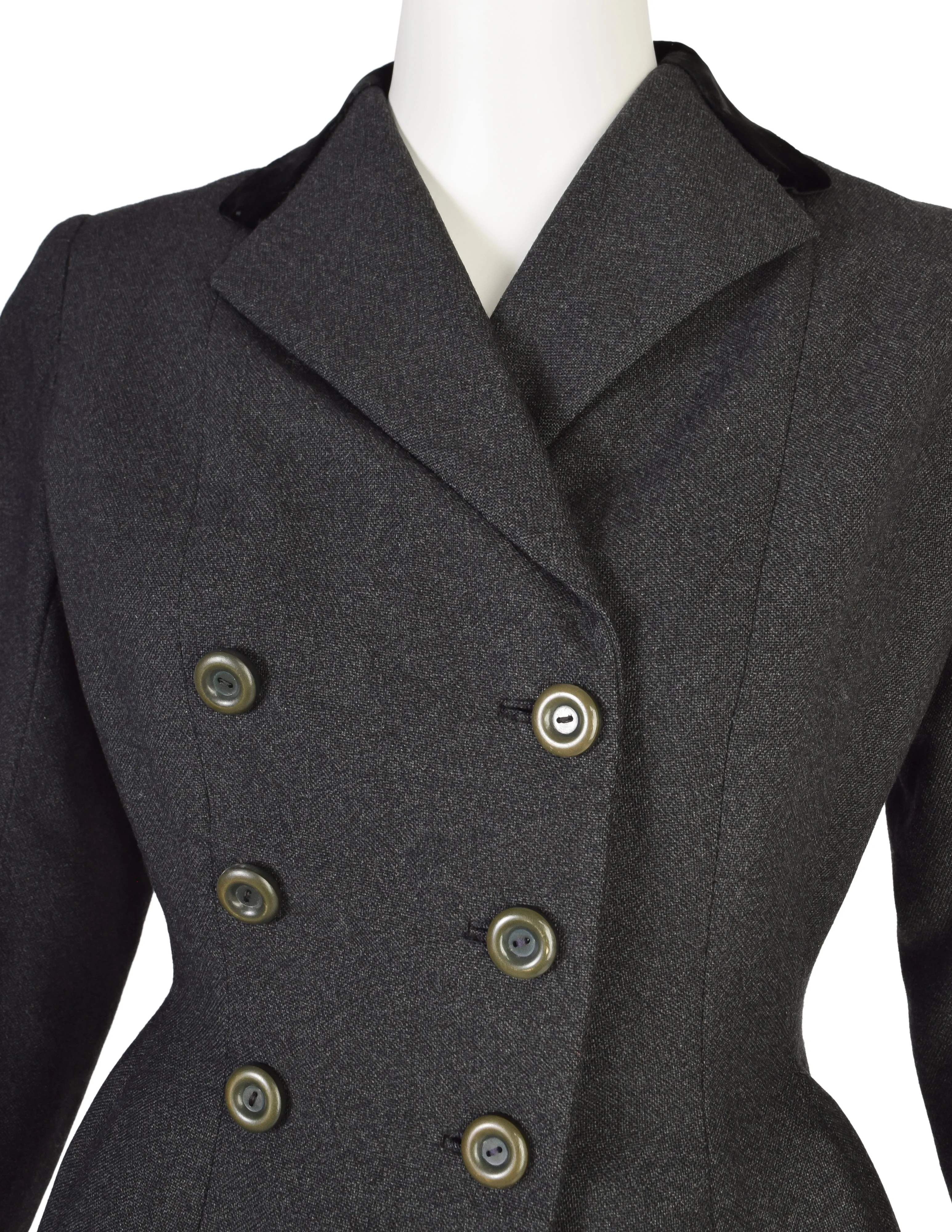 Christian Dior Vintage Early 1950s Tailored Grey Wool Black Velvet Double Breasted Hourglass Bar Jacket