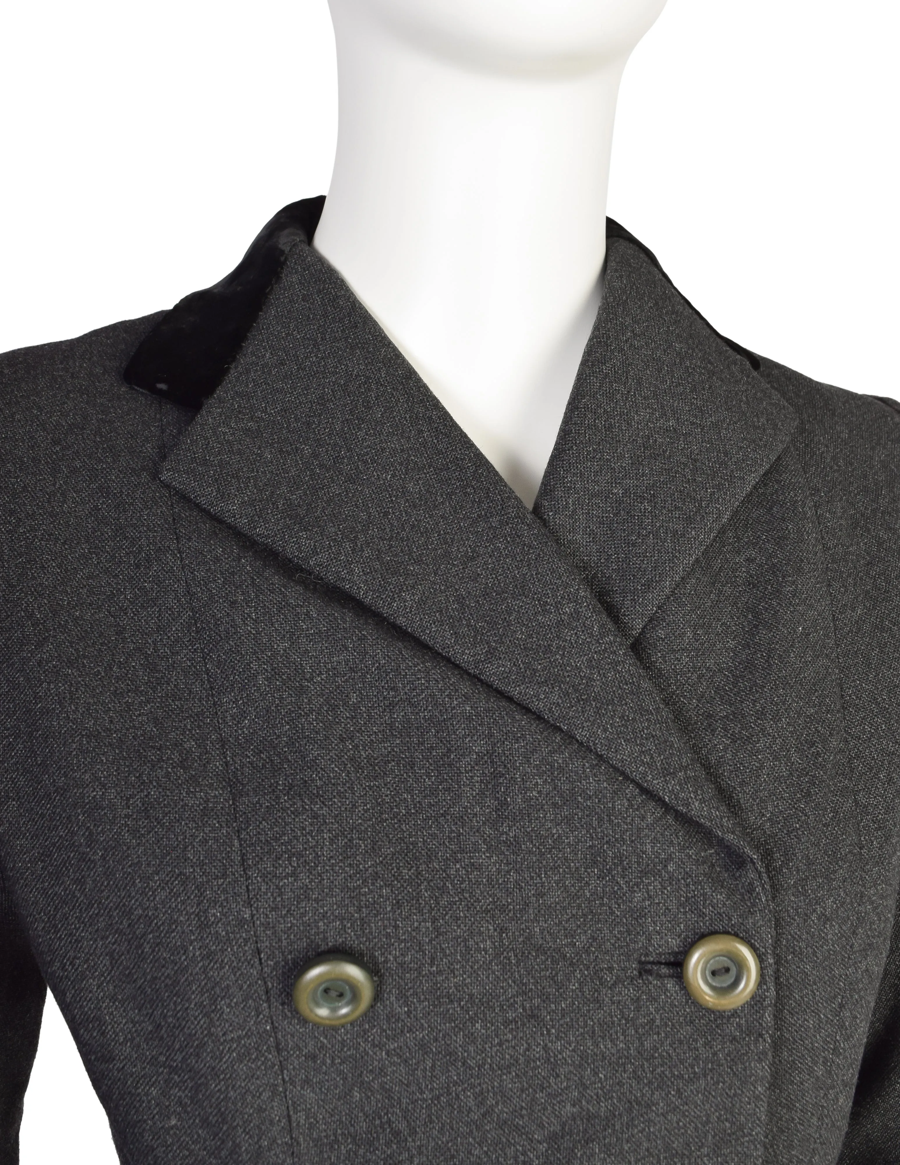 Christian Dior Vintage Early 1950s Tailored Grey Wool Black Velvet Double Breasted Hourglass Bar Jacket