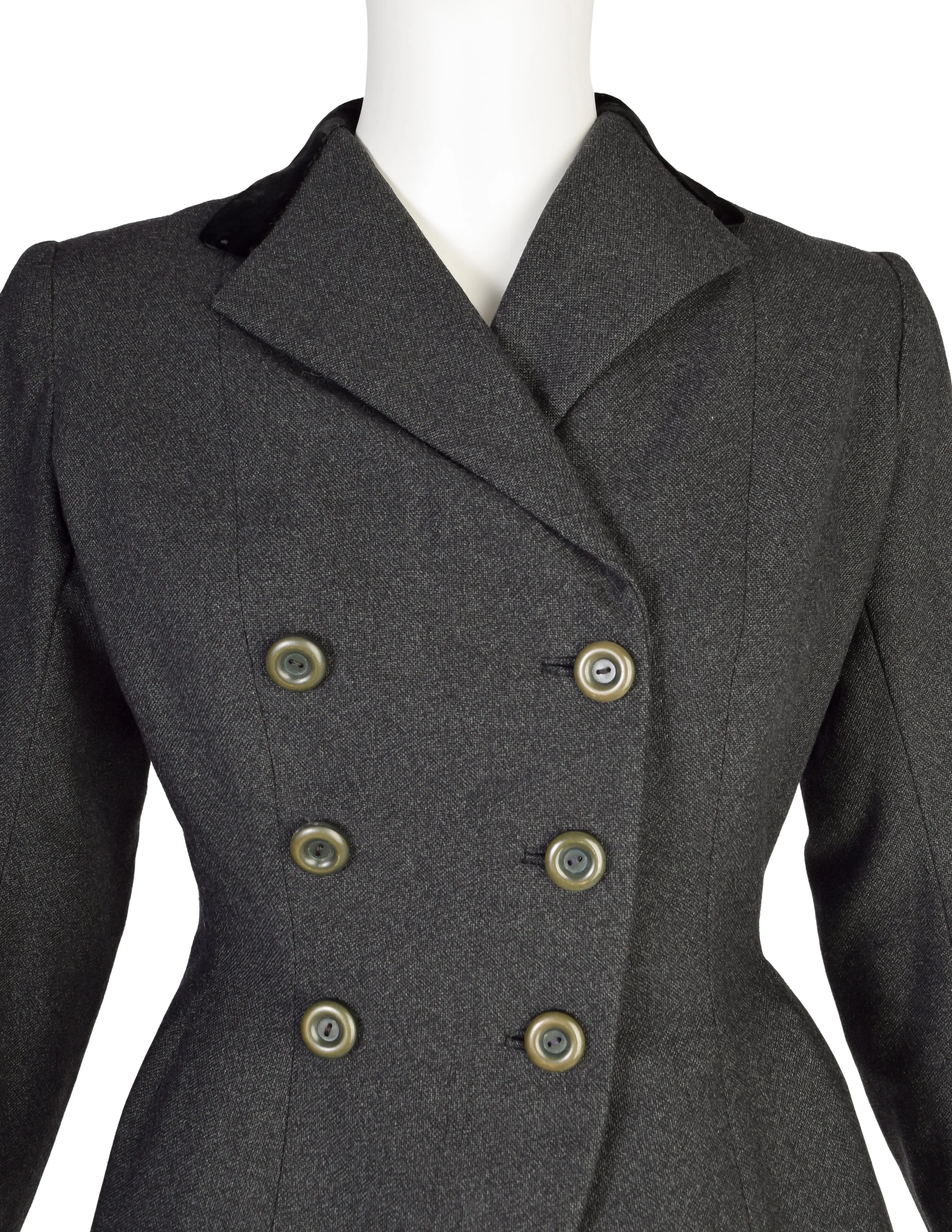 Christian Dior Vintage Early 1950s Tailored Grey Wool Black Velvet Double Breasted Hourglass Bar Jacket