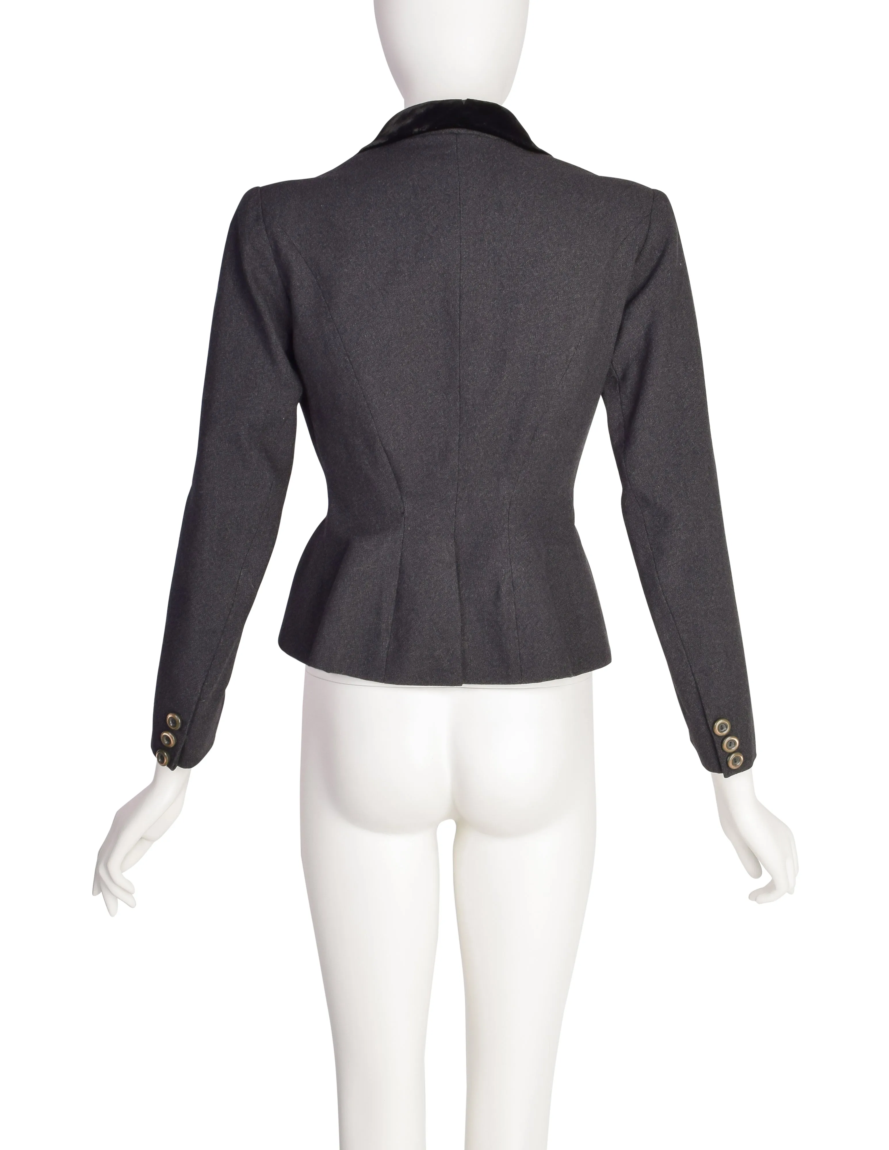 Christian Dior Vintage Early 1950s Tailored Grey Wool Black Velvet Double Breasted Hourglass Bar Jacket