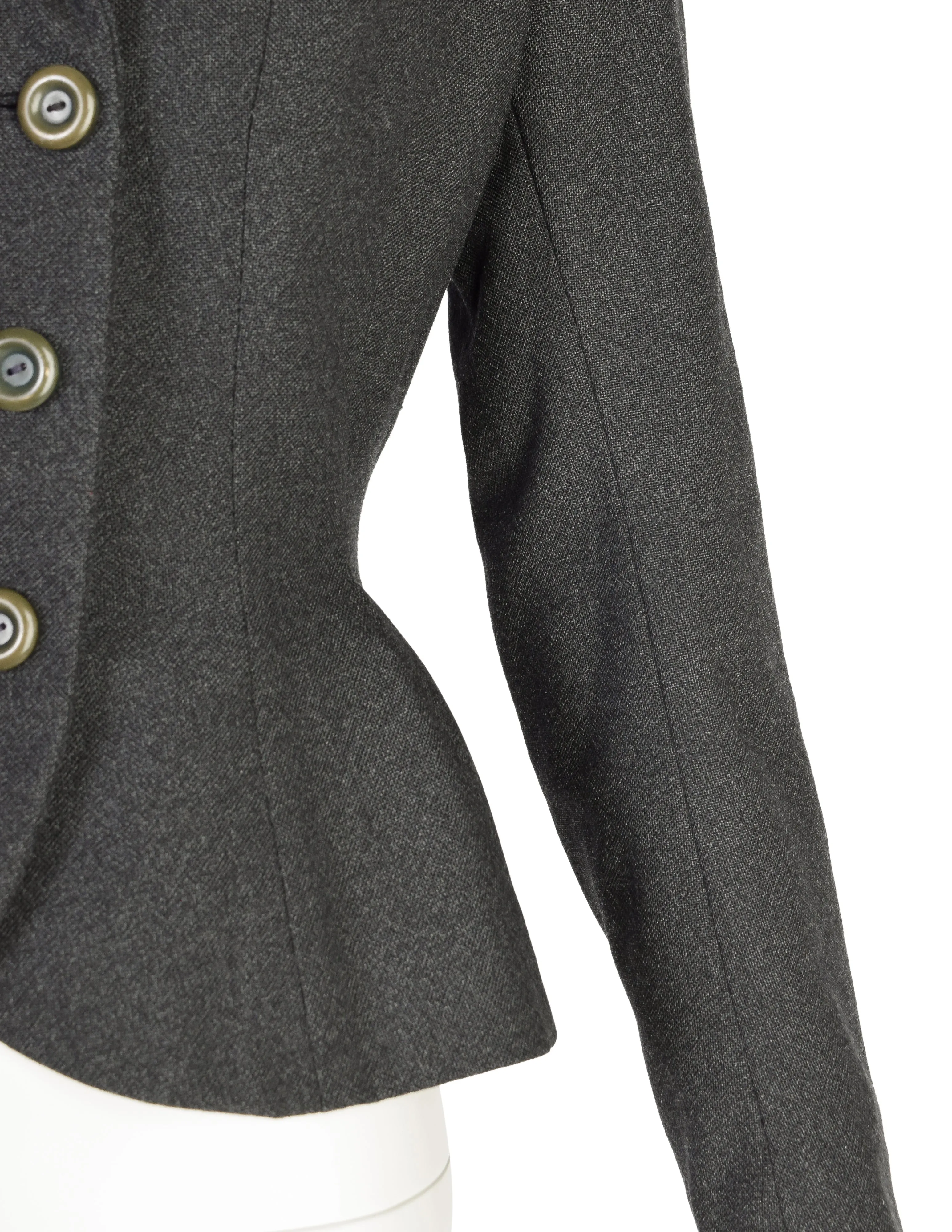 Christian Dior Vintage Early 1950s Tailored Grey Wool Black Velvet Double Breasted Hourglass Bar Jacket