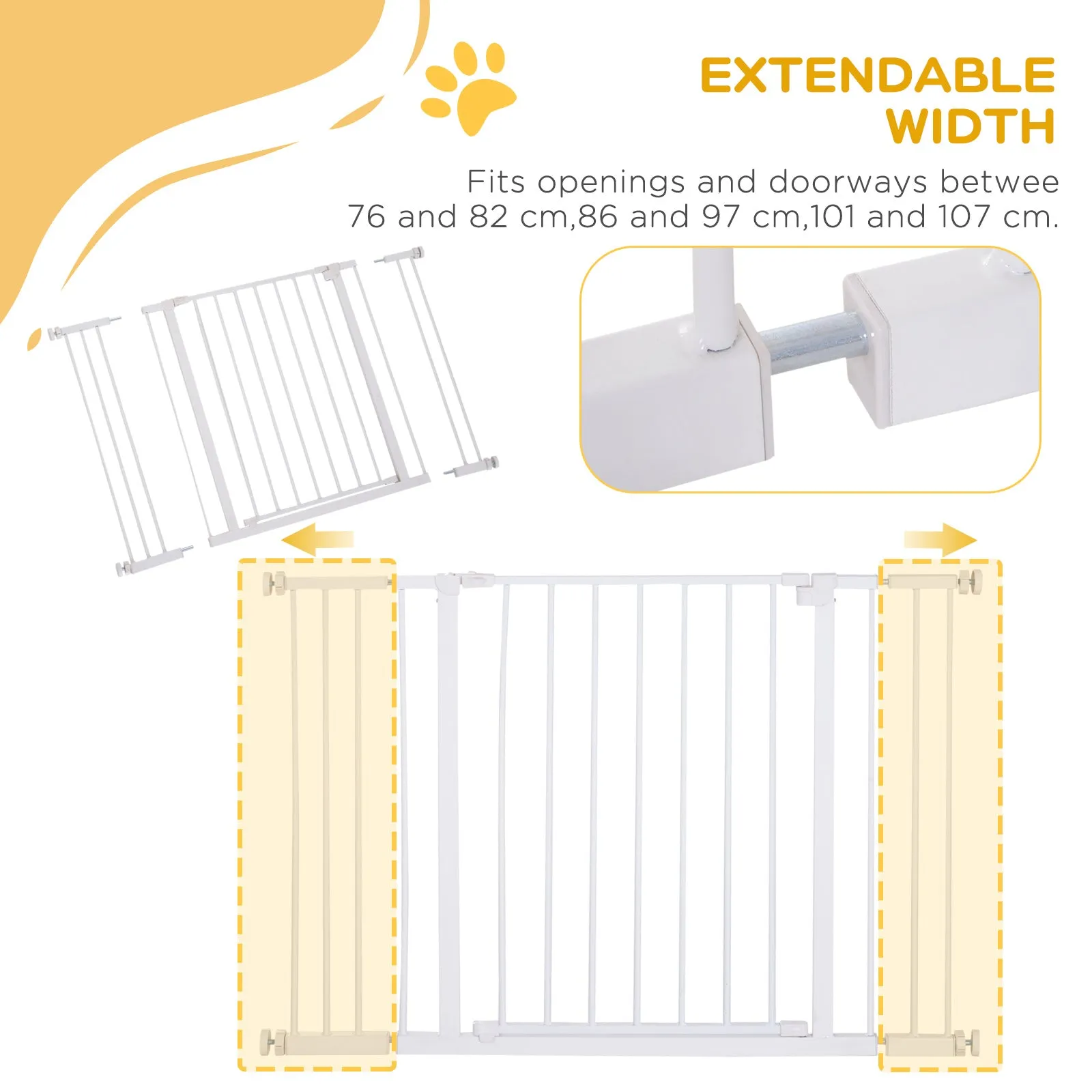 Dog Gate Pet Safety Gate Stair Barrier Pressure Fit Adjustable 76-82/86-97/101-107 cm, White