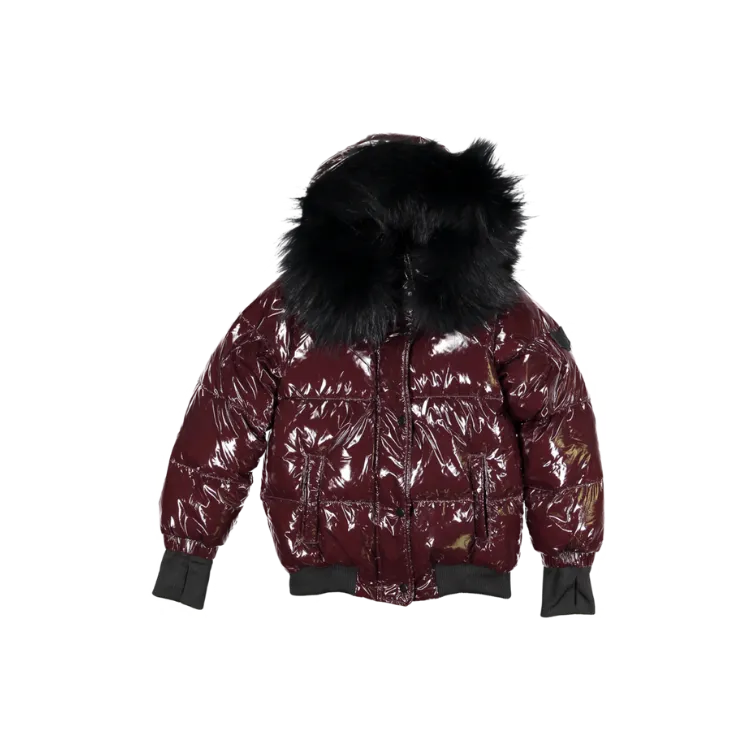 GIRLS BOMBER-BSHINY BURGUNDY-Black Fur