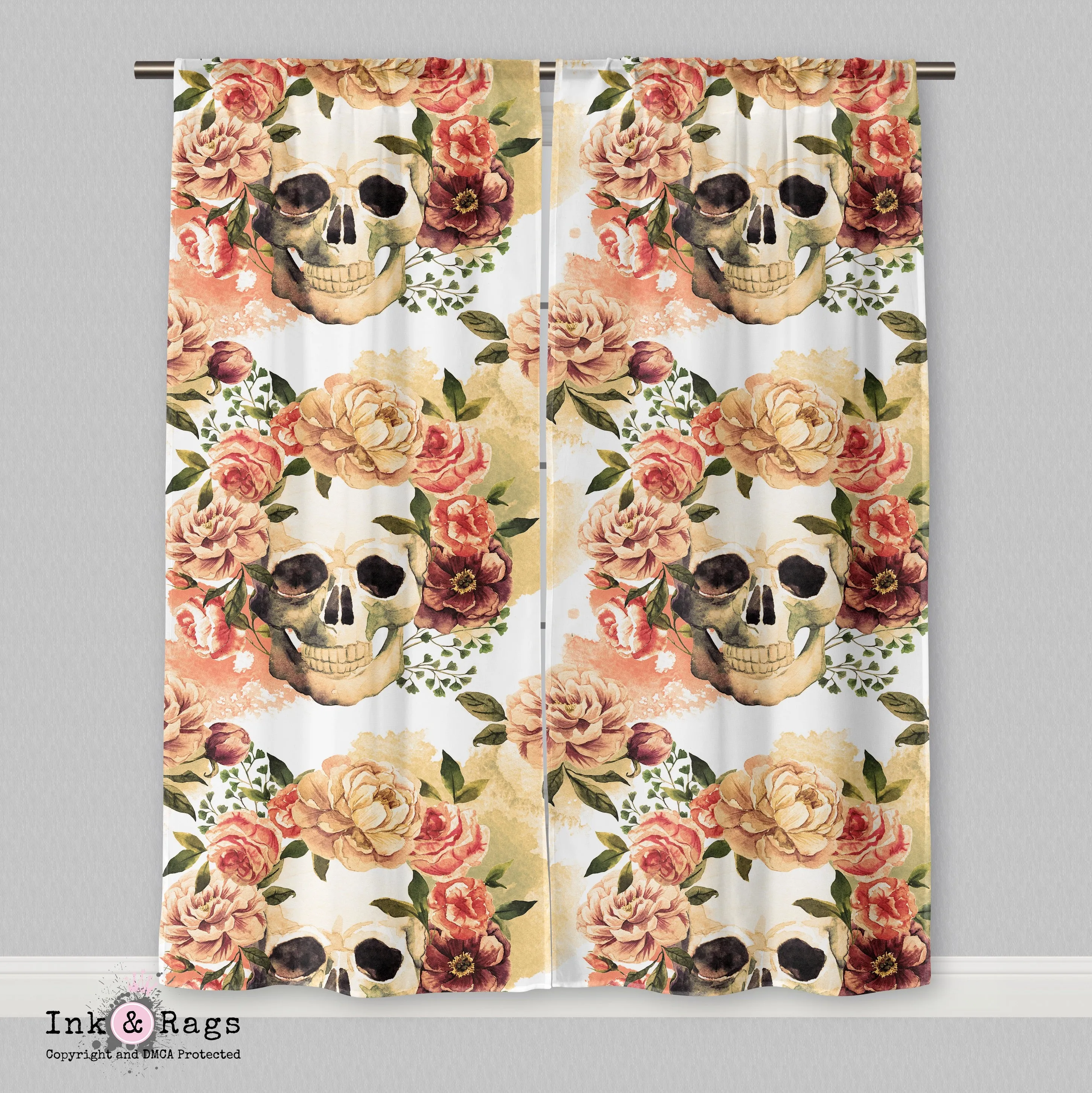 Golden Watercolor Skull Curtains