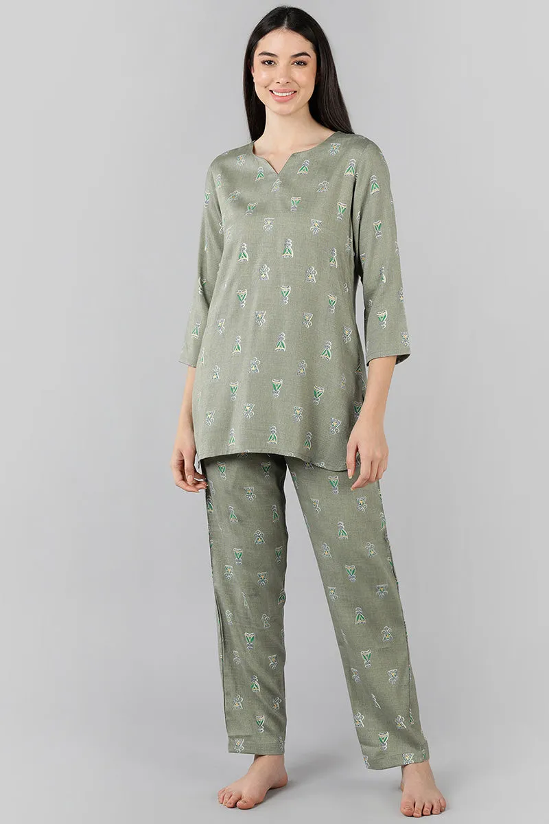 Grey Cotton Abstract Print Night Suit