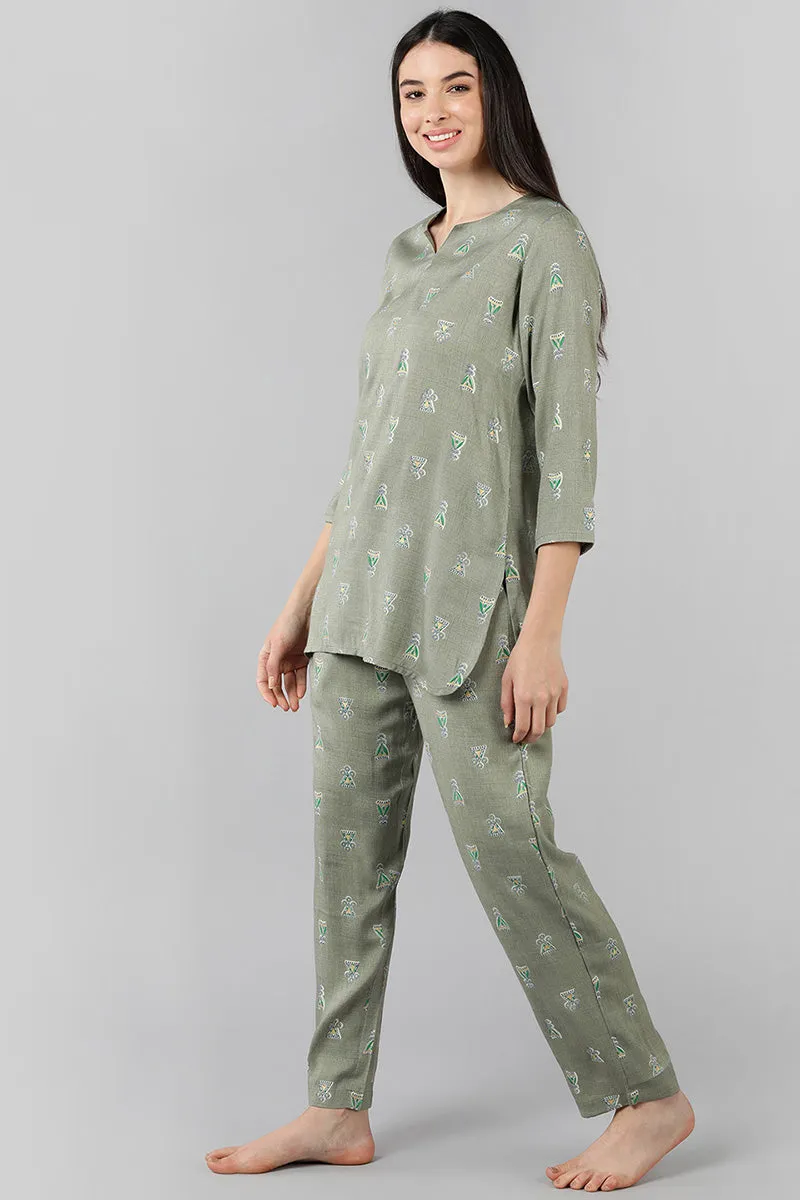 Grey Cotton Abstract Print Night Suit