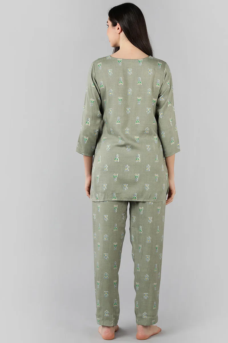 Grey Cotton Abstract Print Night Suit