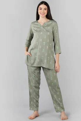 Grey Cotton Abstract Print Night Suit