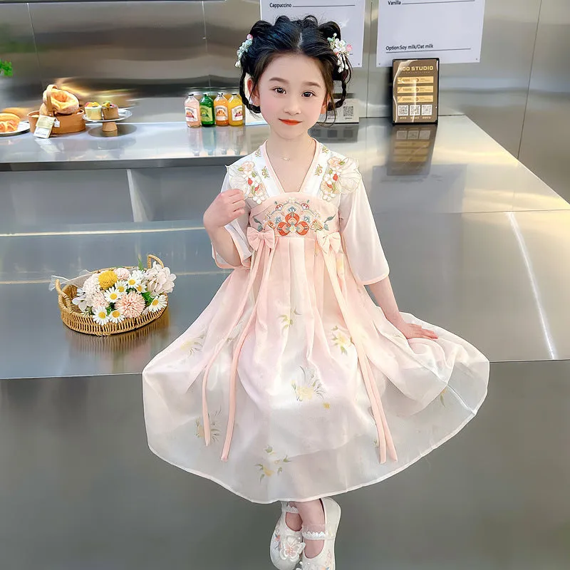 Hanfu Girls' Summer Clothing  New Children's Tang Costume Chinese Style Fairy Ancient Style Baby Thin Jacket and Dress Dress