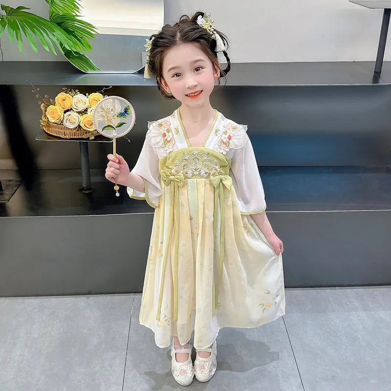 Hanfu Girls' Summer Clothing  New Children's Tang Costume Chinese Style Fairy Ancient Style Baby Thin Jacket and Dress Dress