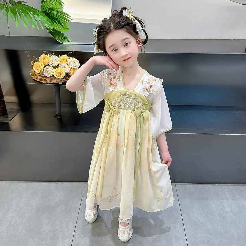 Hanfu Girls' Summer Clothing  New Children's Tang Costume Chinese Style Fairy Ancient Style Baby Thin Jacket and Dress Dress