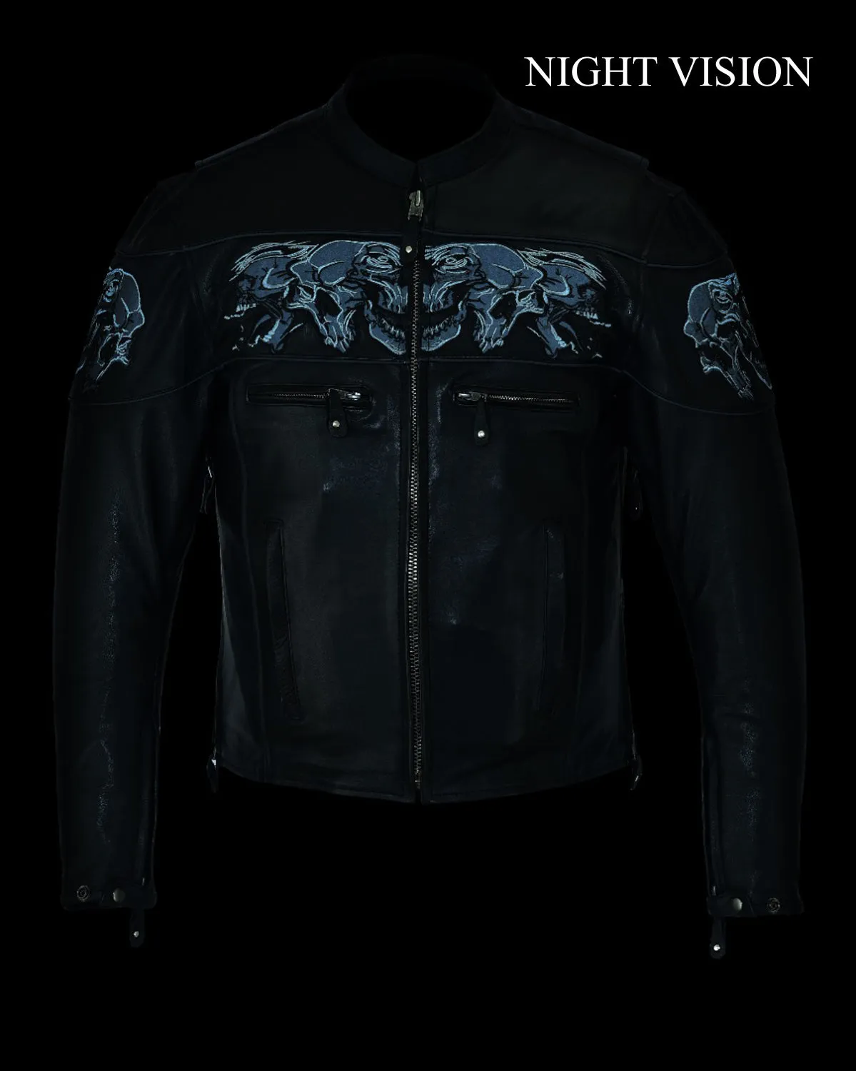 Men's Leather Concealed Carry Racing Jacket with Reflective Skulls Heavy Duty