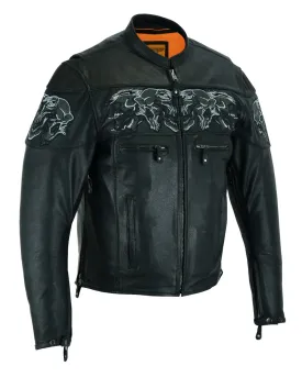 Men's Leather Concealed Carry Racing Jacket with Reflective Skulls Heavy Duty