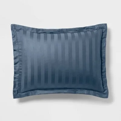 New - Threshold Cotton Damask Comforter Set Striped 300 Thread Count, Blue, King