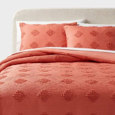 New - Twin/Twin Extra Long Tufted Diamond Crinkle Duvet Cover and Sham Set Melon Pink - Threshold