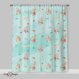 Over the Moon Unicorn Pegasus Dreams Blue Green Curtains