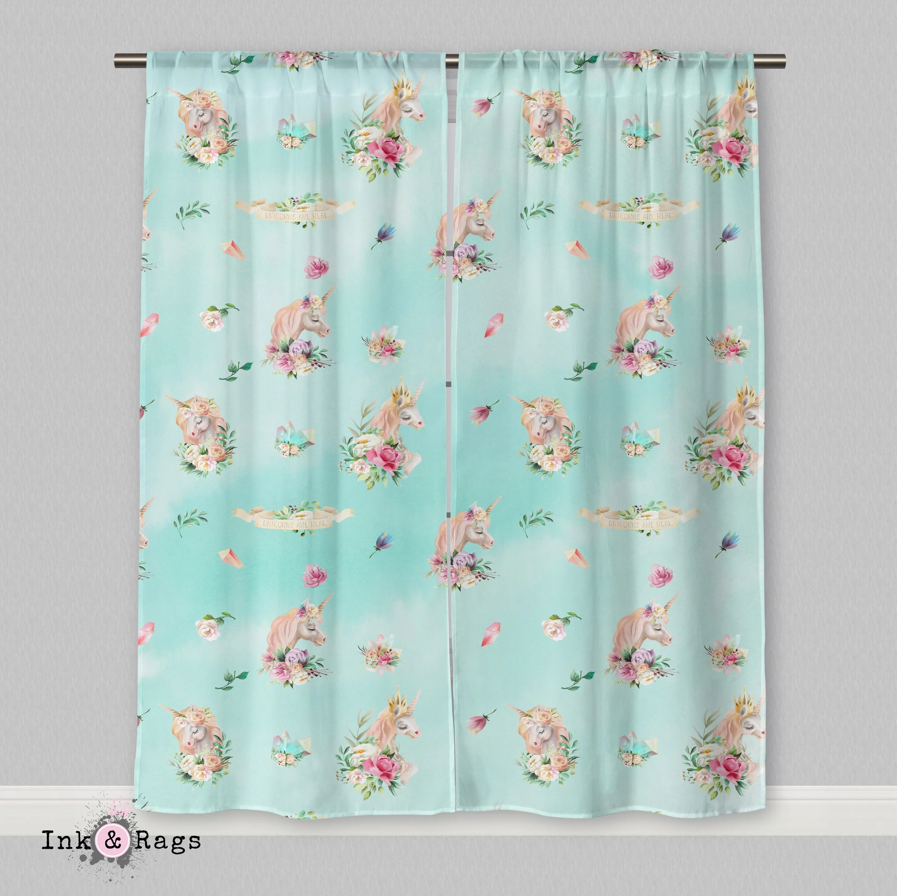 Over the Moon Unicorn Pegasus Dreams Blue Green Curtains