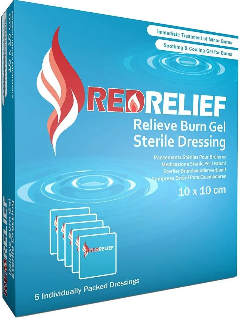 Pack of 5 RedRelief Emergency Hydrogel Burn Dressing 10cm x 10cm |Cools, soothes and relieves pain