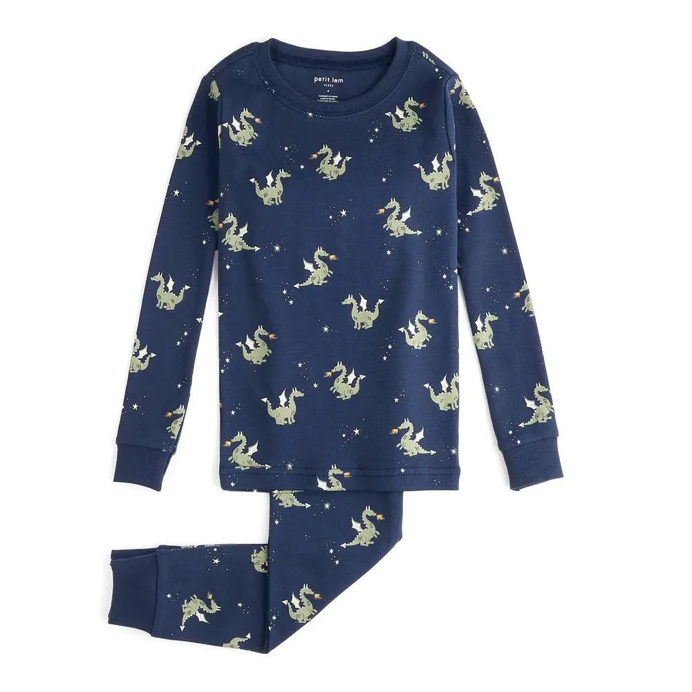 Petit Lem 2-Piece Organic Cotton Ribbed Pajama Set in Dragon Print on Navy Blue