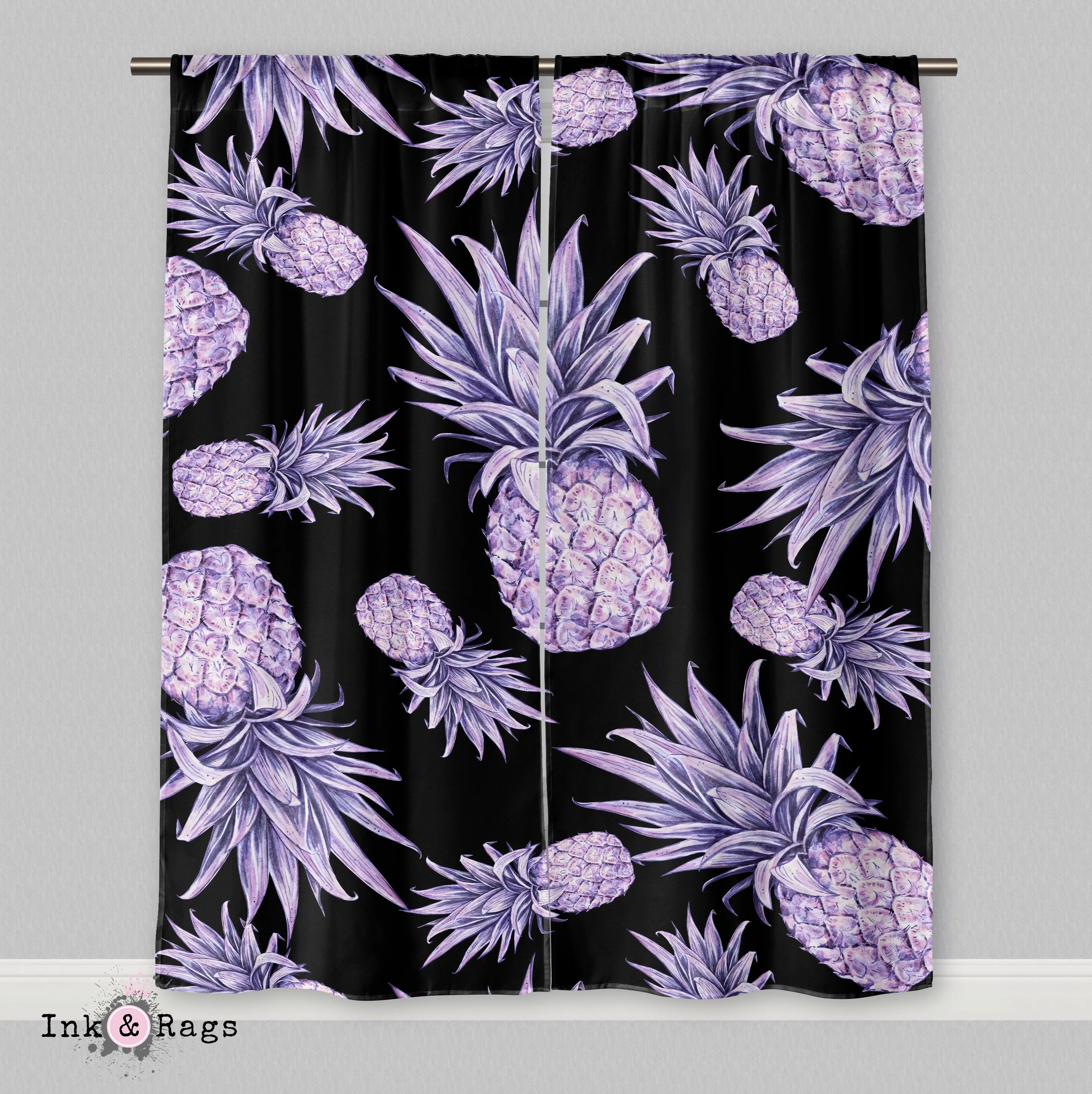 Purple Pineapple on Black Curtains