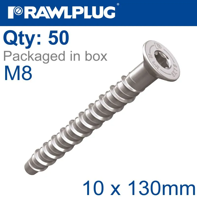 RAWLPLUG CONCRETE SCREWBOLT M8 10X130MM CSK HEAD ZINC BOX OF 50 RAW R-LX-08X130-CS-ZP