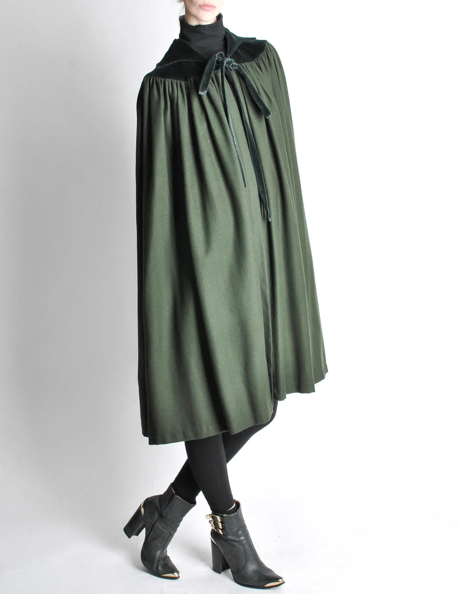 Saint Laurent Rive Gauche Vintage Green Wool Velvet Cape