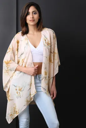 Semi-Sheer Floral Chiffon Draped Open Kimono Cardigan