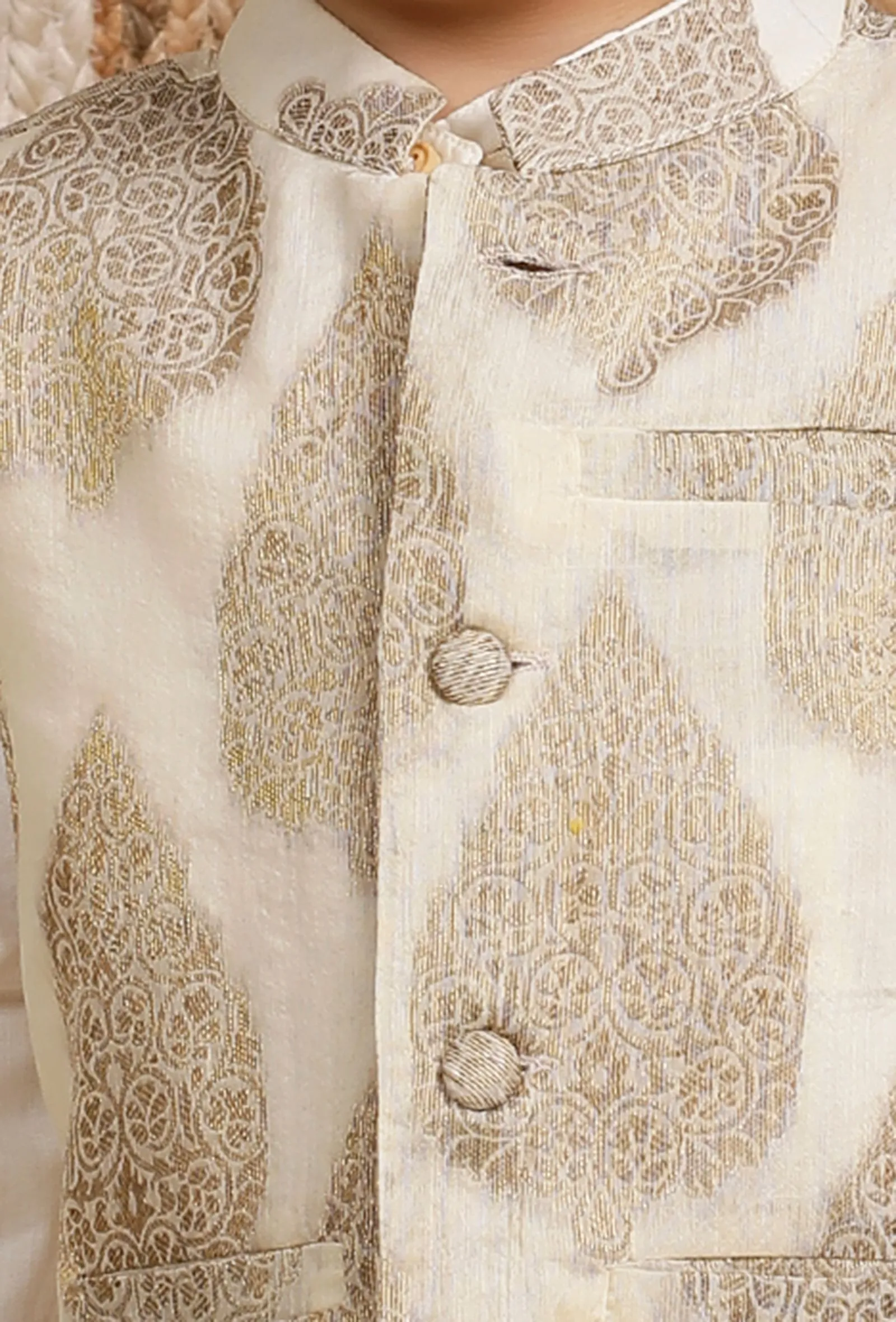 Set Of 3: Off White Cotton Silk Kurta, Pyjama & White Cream Brocade Nehru Jacket