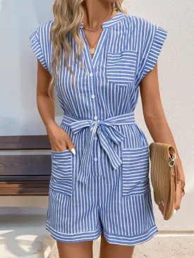 Striped Notched Tie Waist Romper