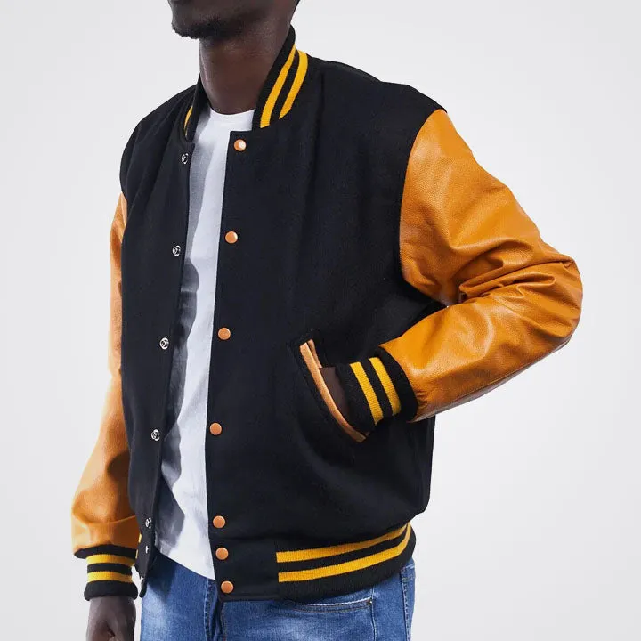 Unisex Black Wool Body Bright Gold Leather Sleeves Lettermen Varsity Jacket